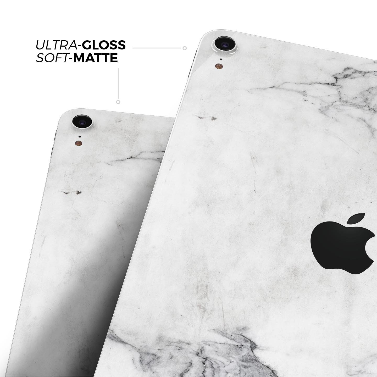 White and grey marble skin decal for Apple devices, showcasing a sleek and stylish design with a premium finish.