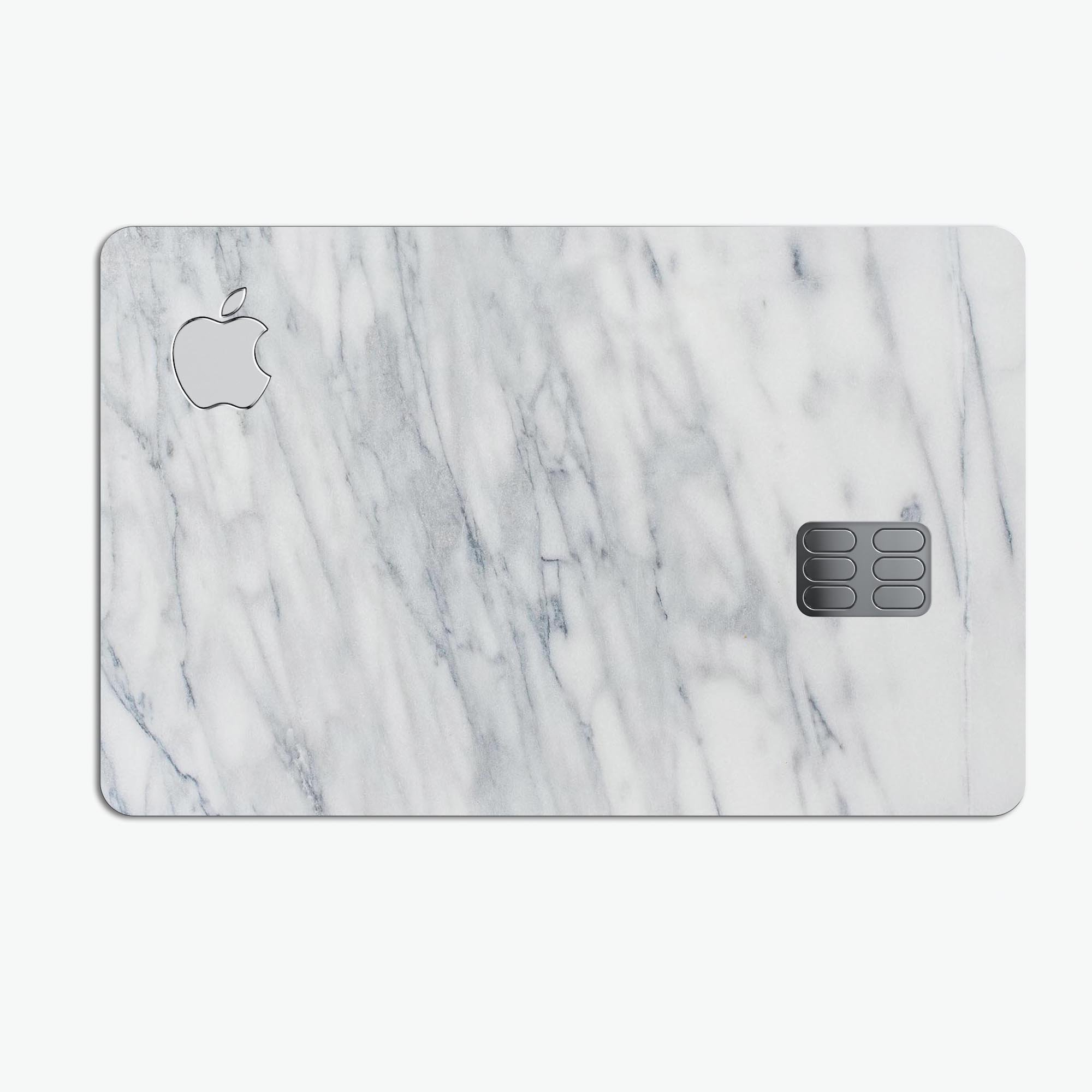 White and grey marble design decal skin for Apple Card, showcasing premium vinyl material and bubble-free installation.