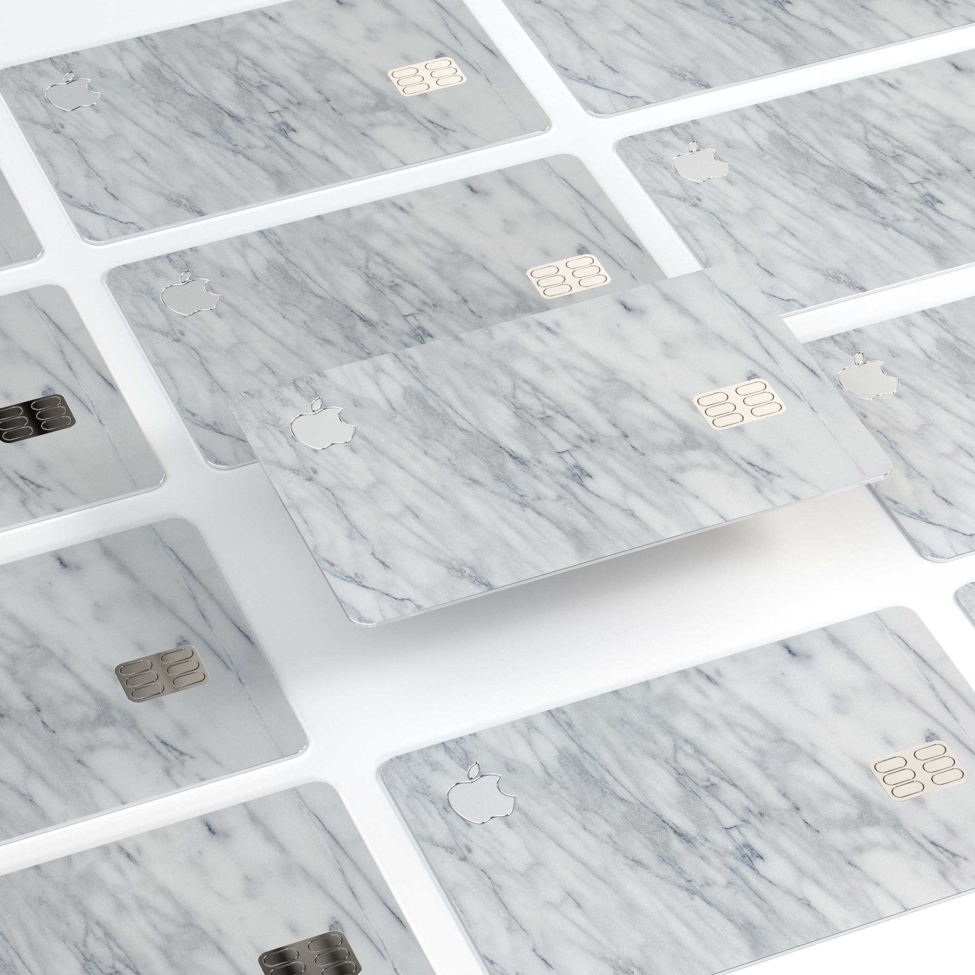 White and grey marble design decal skin for Apple Card, showcasing premium vinyl material and bubble-free installation.