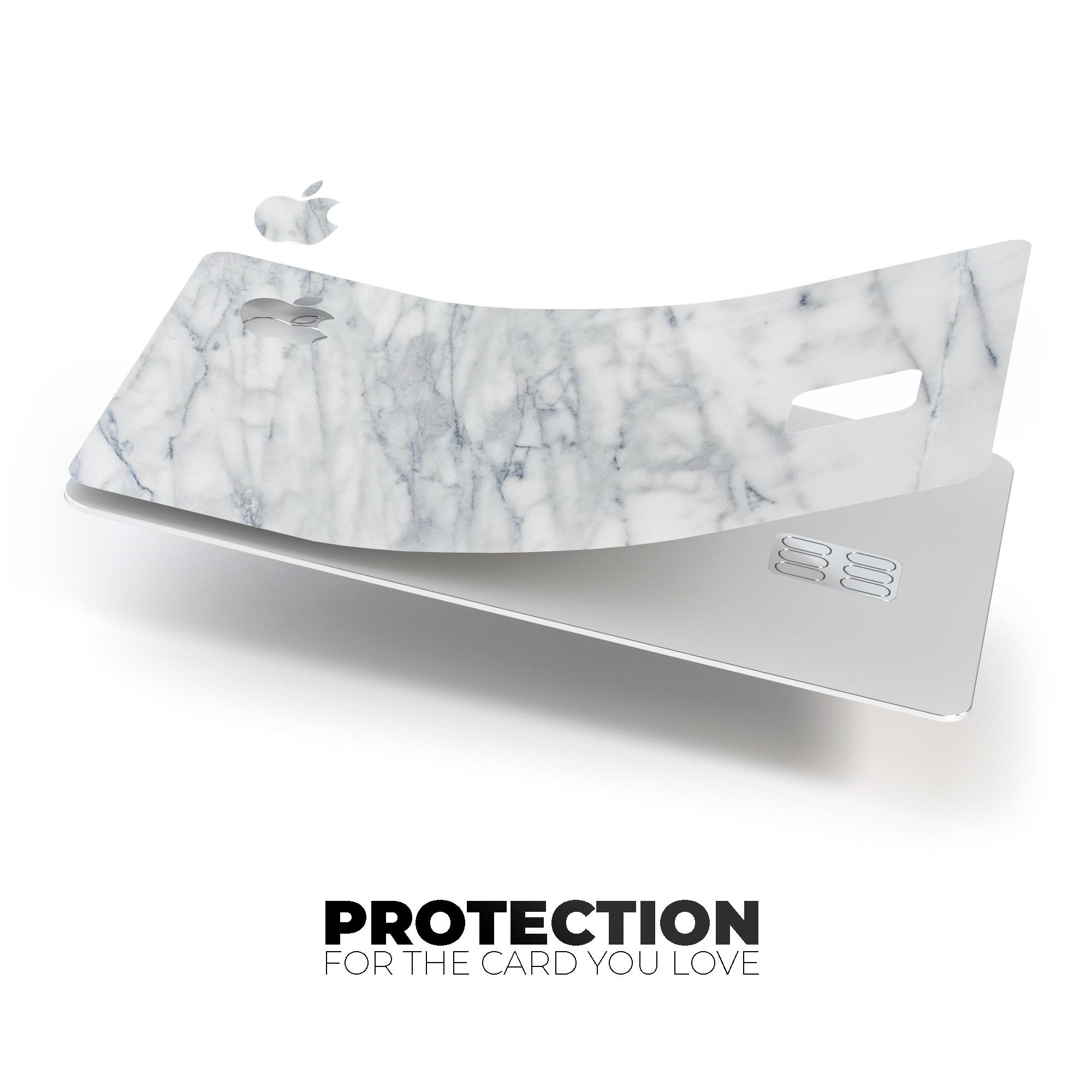 White and grey marble design decal skin for Apple Card, showcasing premium vinyl material and bubble-free installation.