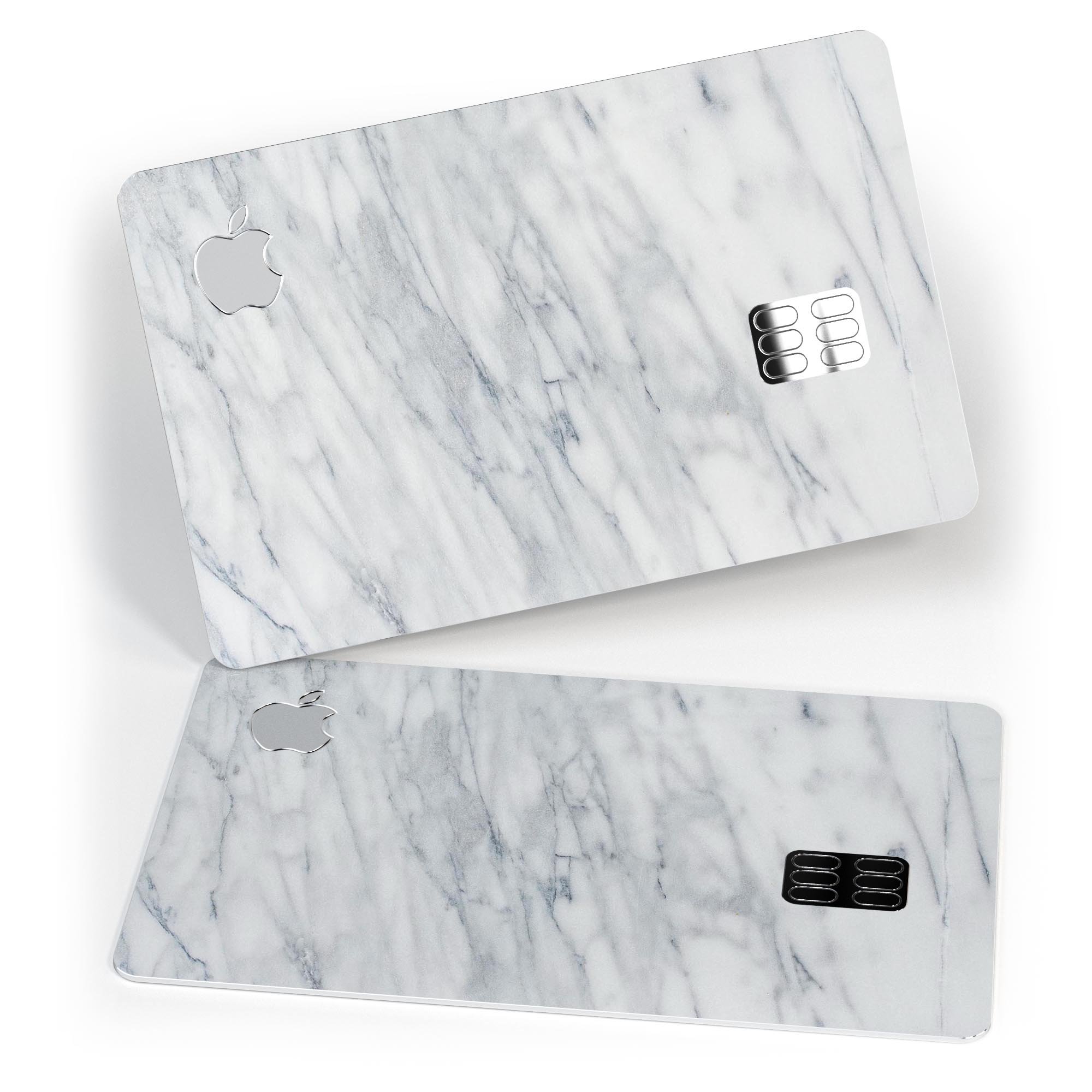 White and grey marble design decal skin for Apple Card, showcasing premium vinyl material and bubble-free installation.