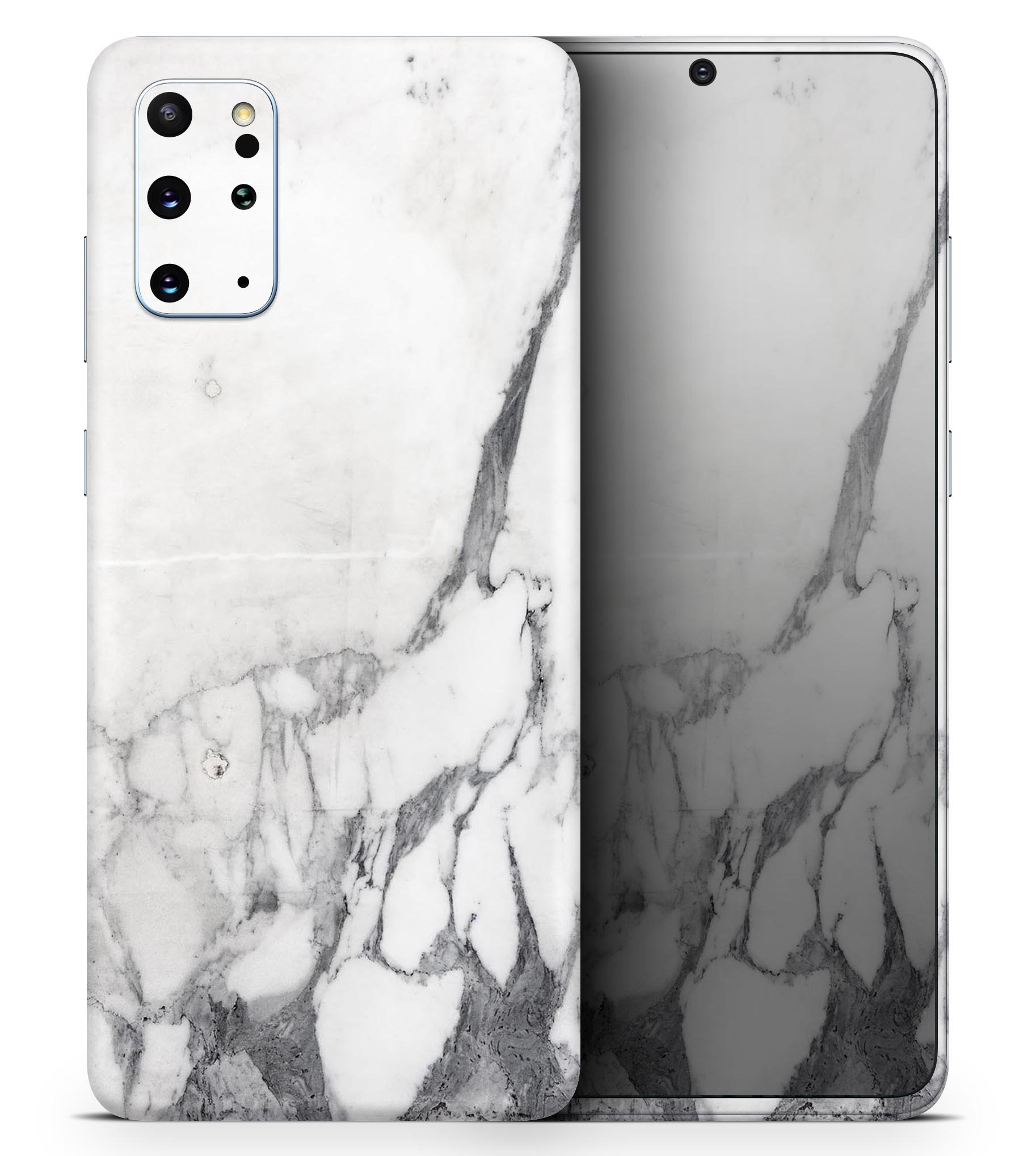 White and grey marble skin for Samsung Galaxy devices, showcasing a stylish design with a premium finish.