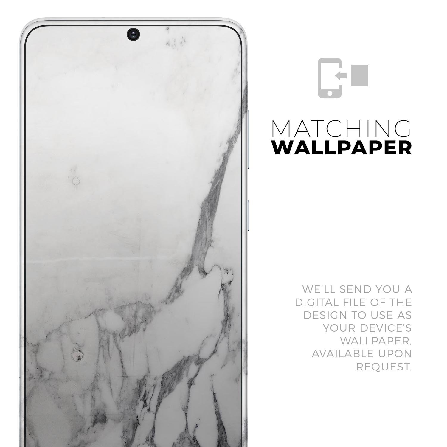 White and grey marble skin for Samsung Galaxy devices, showcasing a stylish design with a premium finish.