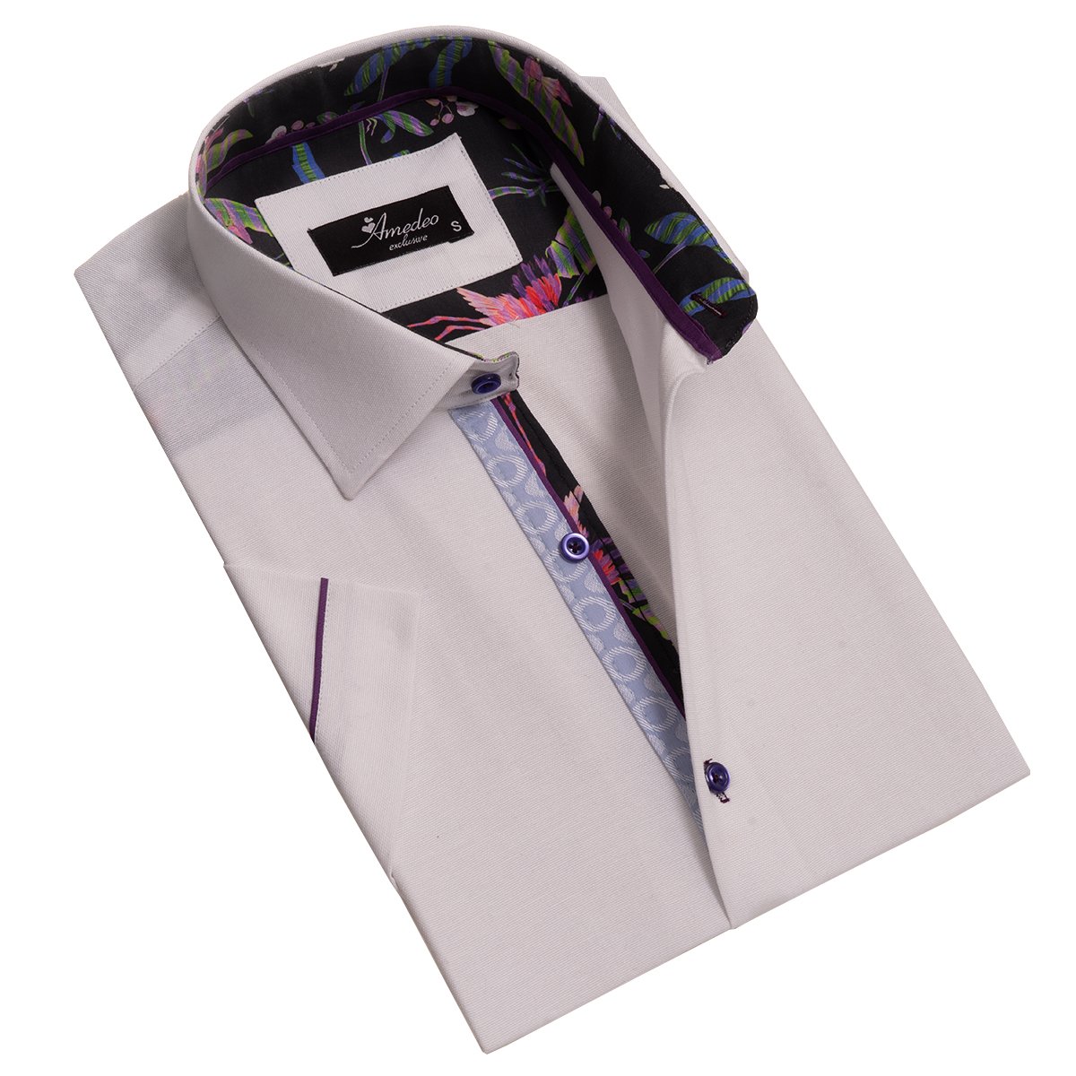 White men's short sleeve button-up shirt made from luxury cotton, featuring a tailored slim fit and front button closure.