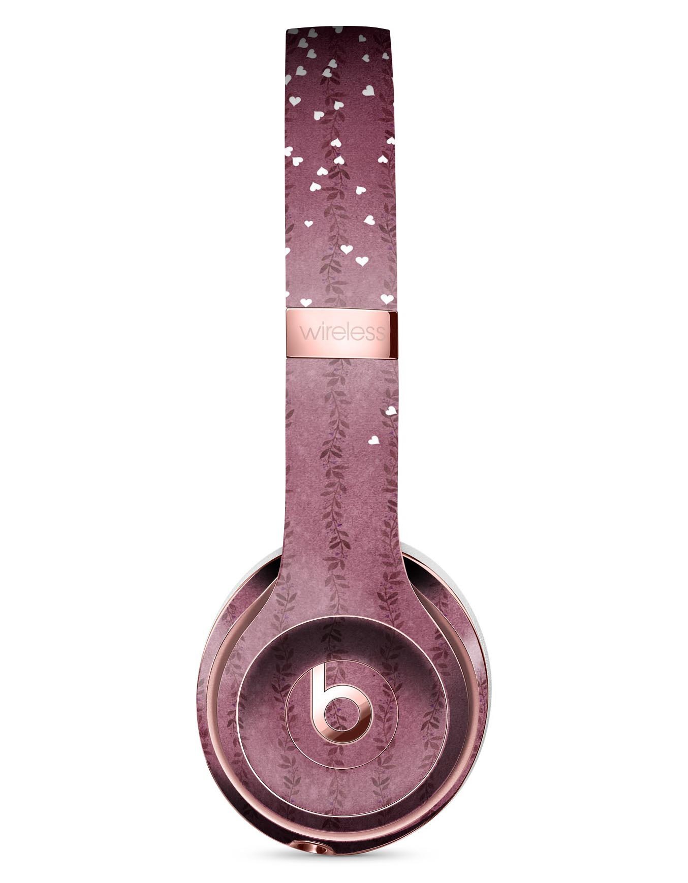 White Micro Hearts design over Burgundy Leaves on Beats by Dre Solo 3 Wireless Headphones skin kit, showcasing vibrant colors and premium vinyl material.