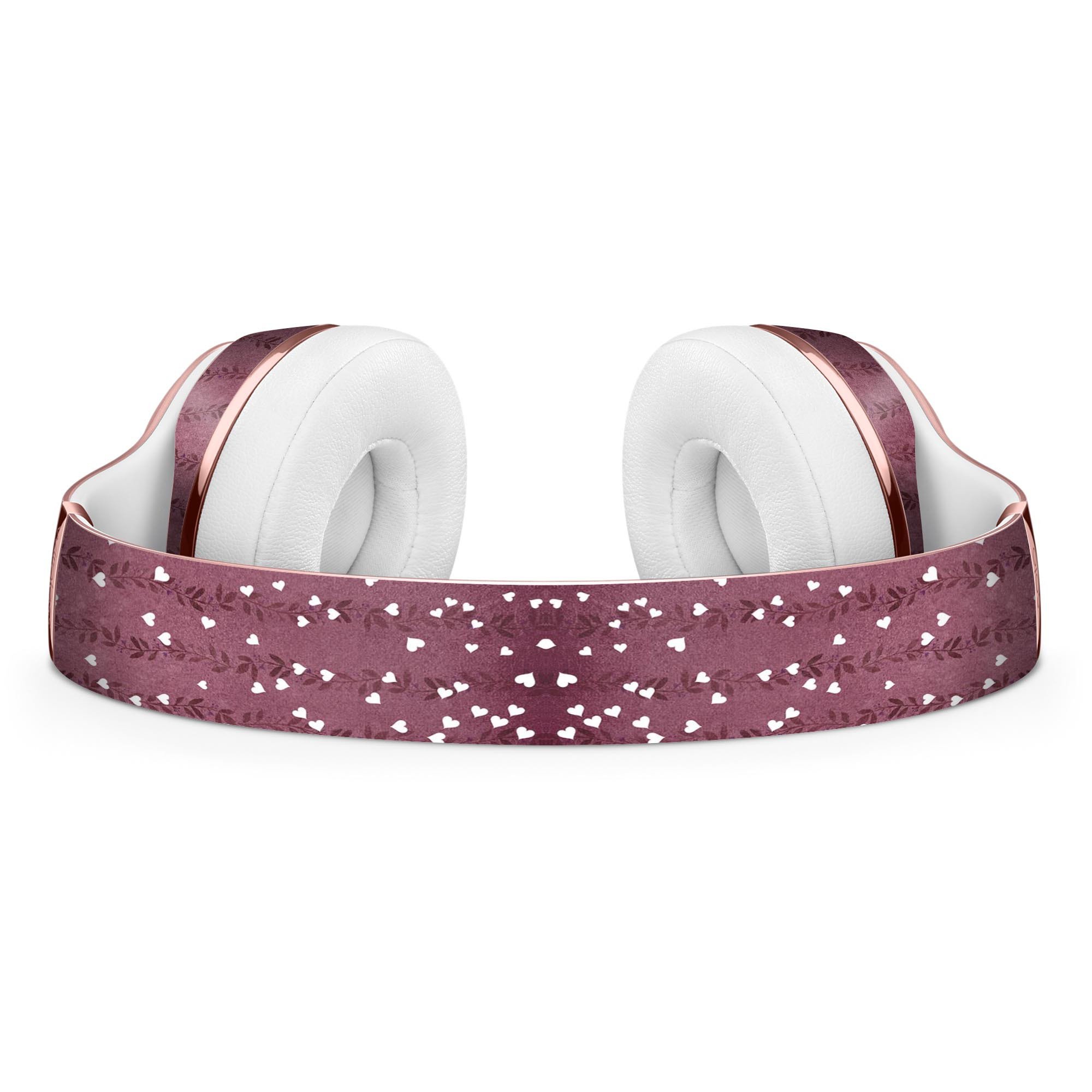 White Micro Hearts design over Burgundy Leaves on Beats by Dre Solo 3 Wireless Headphones skin kit, showcasing vibrant colors and premium vinyl material.