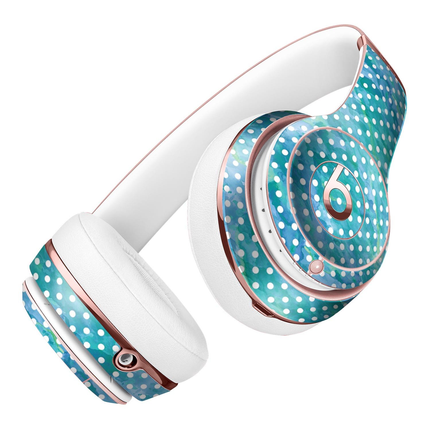 White Polka Dots over Blue Watercolor skin kit for Beats by Dre Solo 3 Wireless Headphones, showcasing vibrant colors and stylish design.