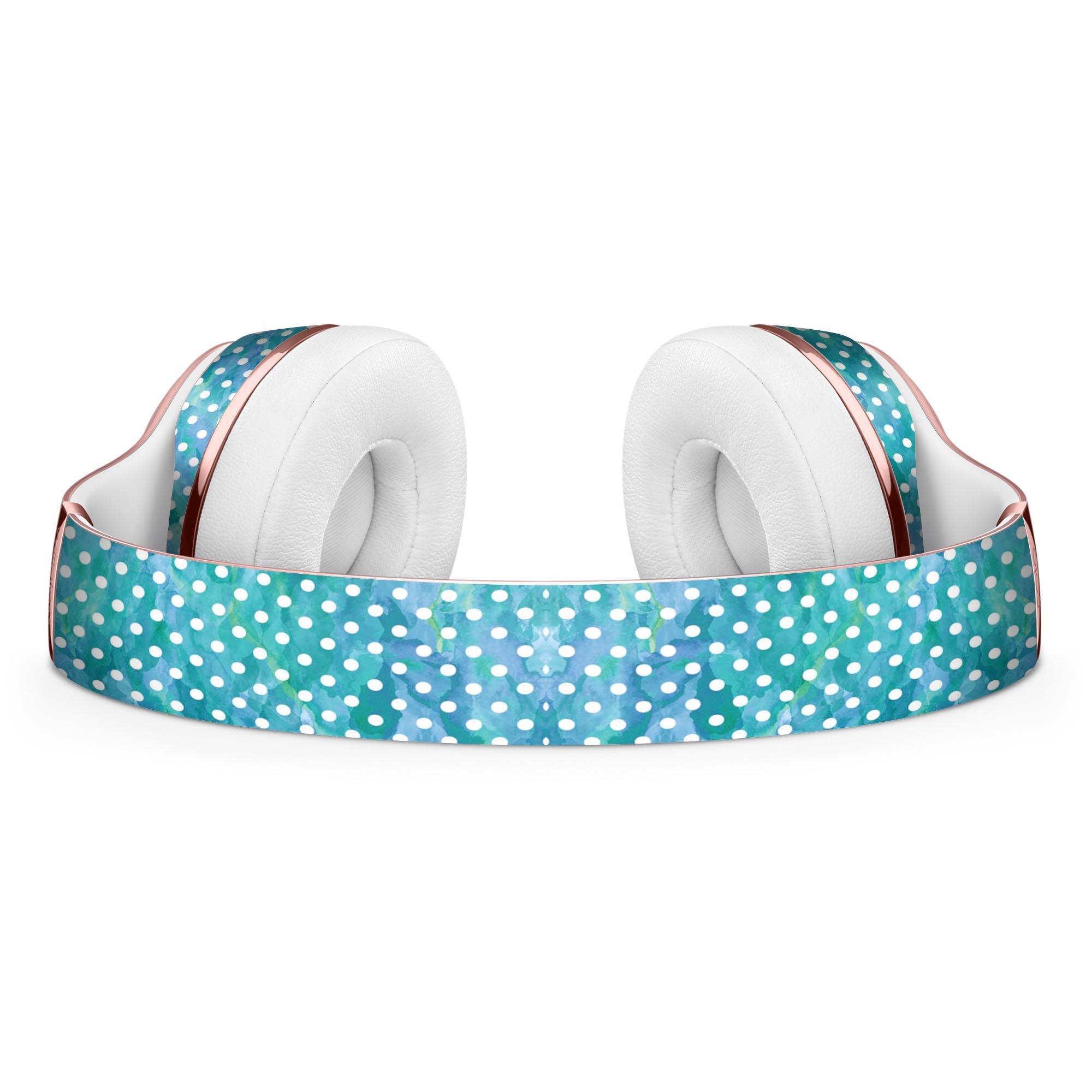 White Polka Dots over Blue Watercolor skin kit for Beats by Dre Solo 3 Wireless Headphones, showcasing vibrant colors and stylish design.