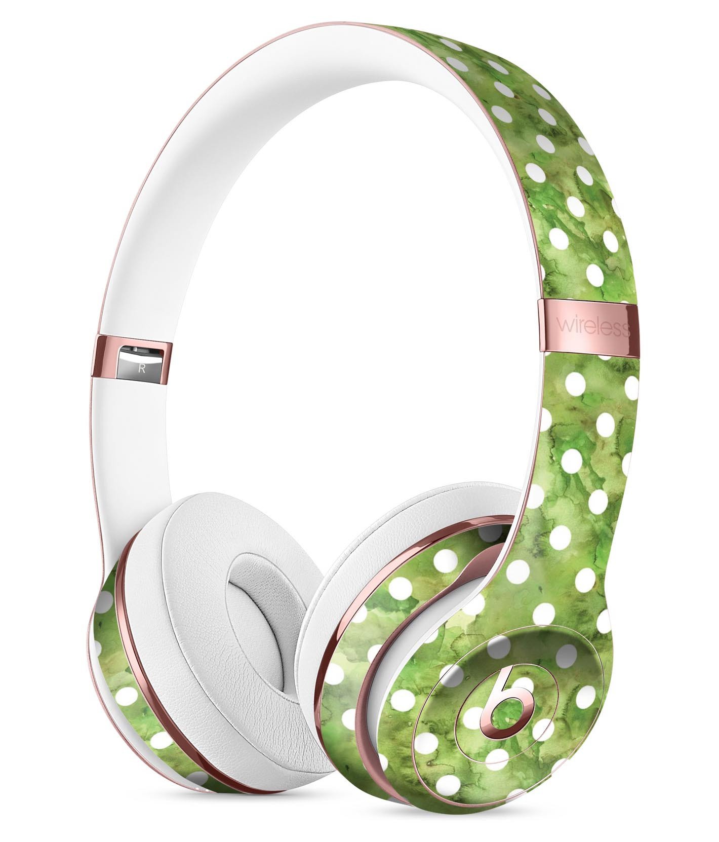 White polka dots design over green watercolor skin for Beats by Dre Solo 3 Wireless Headphones, showcasing vibrant colors and stylish pattern.