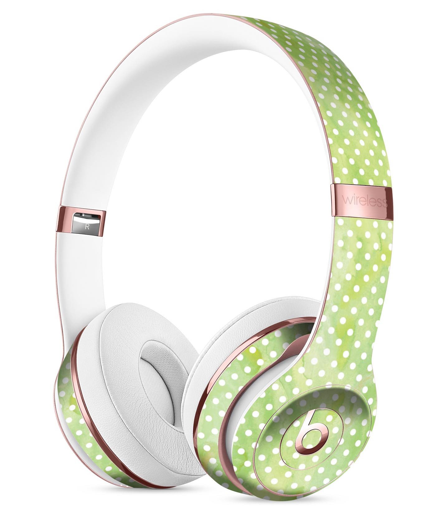 White Polka Dots over Green Watercolor Skin Kit for Beats by Dre Solo 3 Wireless Headphones, showcasing vibrant design and premium quality.
