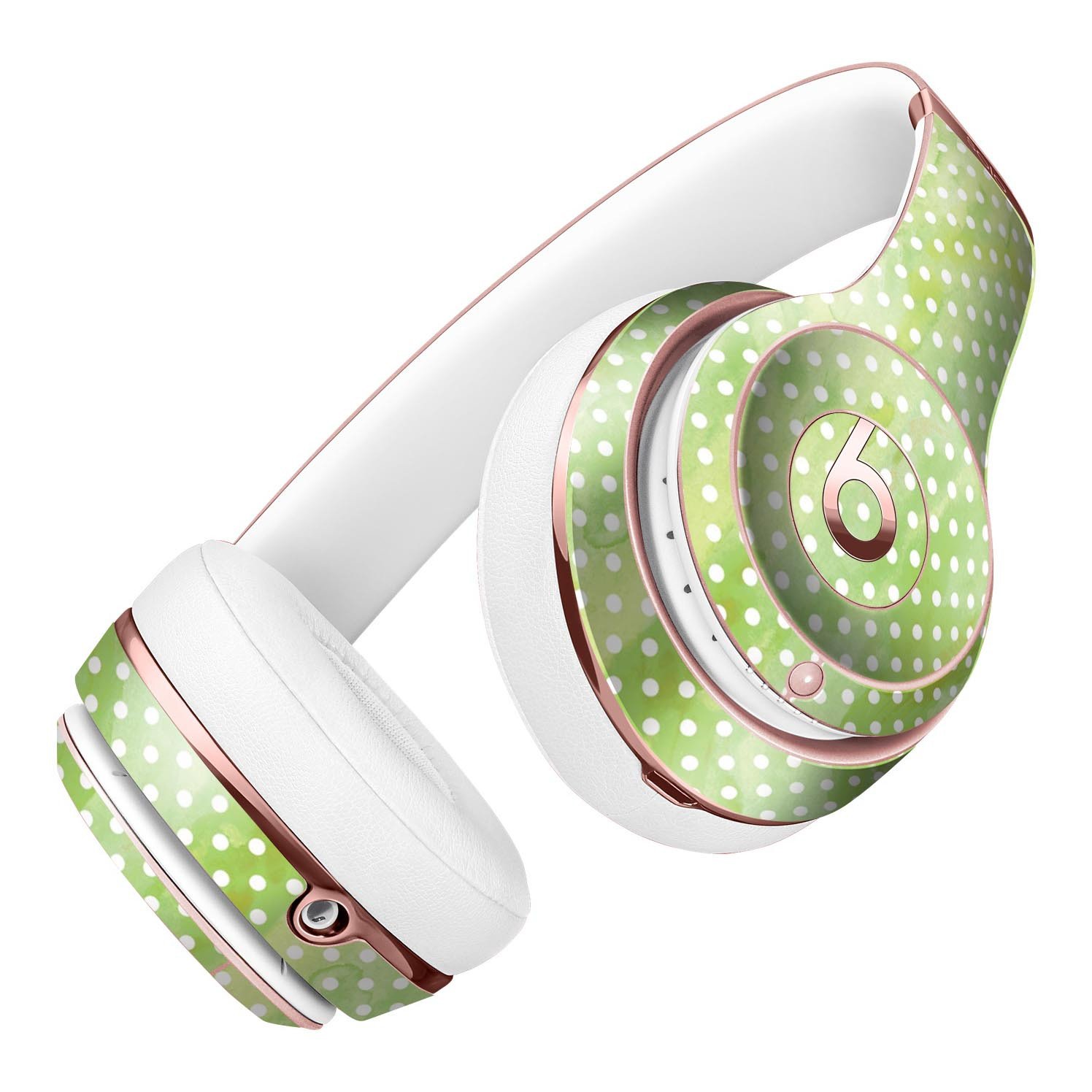 White Polka Dots over Green Watercolor Skin Kit for Beats by Dre Solo 3 Wireless Headphones, showcasing vibrant design and premium quality.