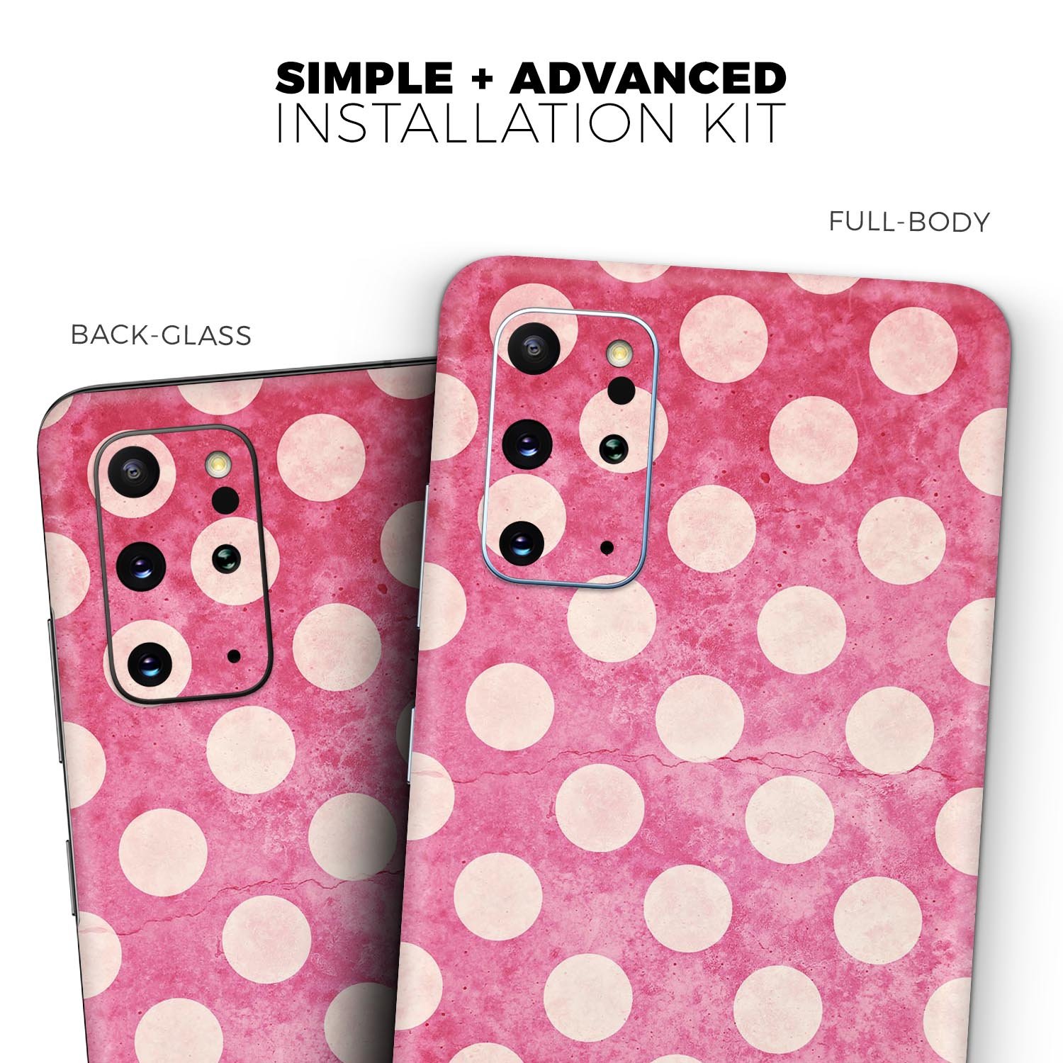 White polka dots design on a grungy pink background for Samsung Galaxy skin, showcasing a stylish and protective accessory.