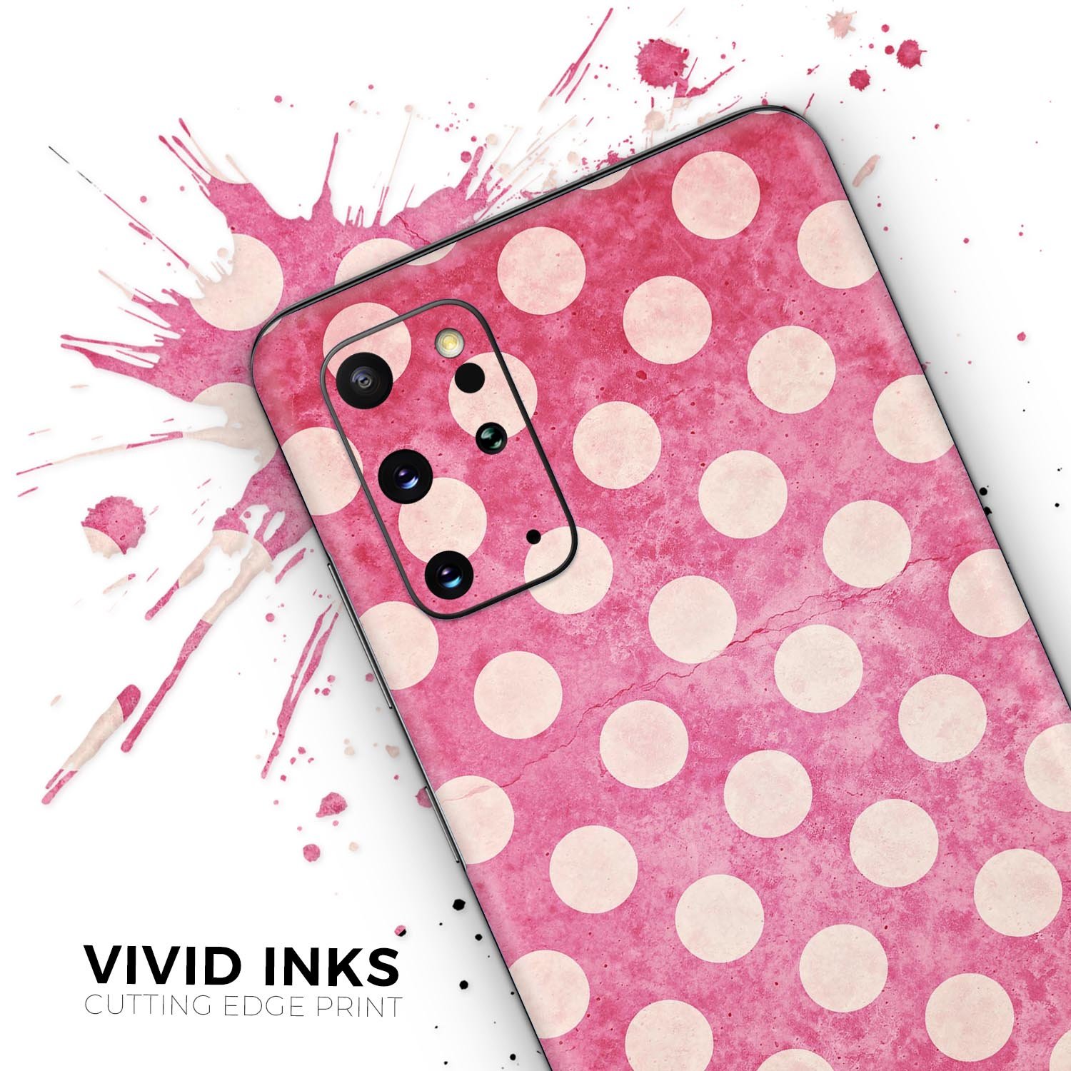 White polka dots design on a grungy pink background for Samsung Galaxy skin, showcasing a stylish and protective accessory.