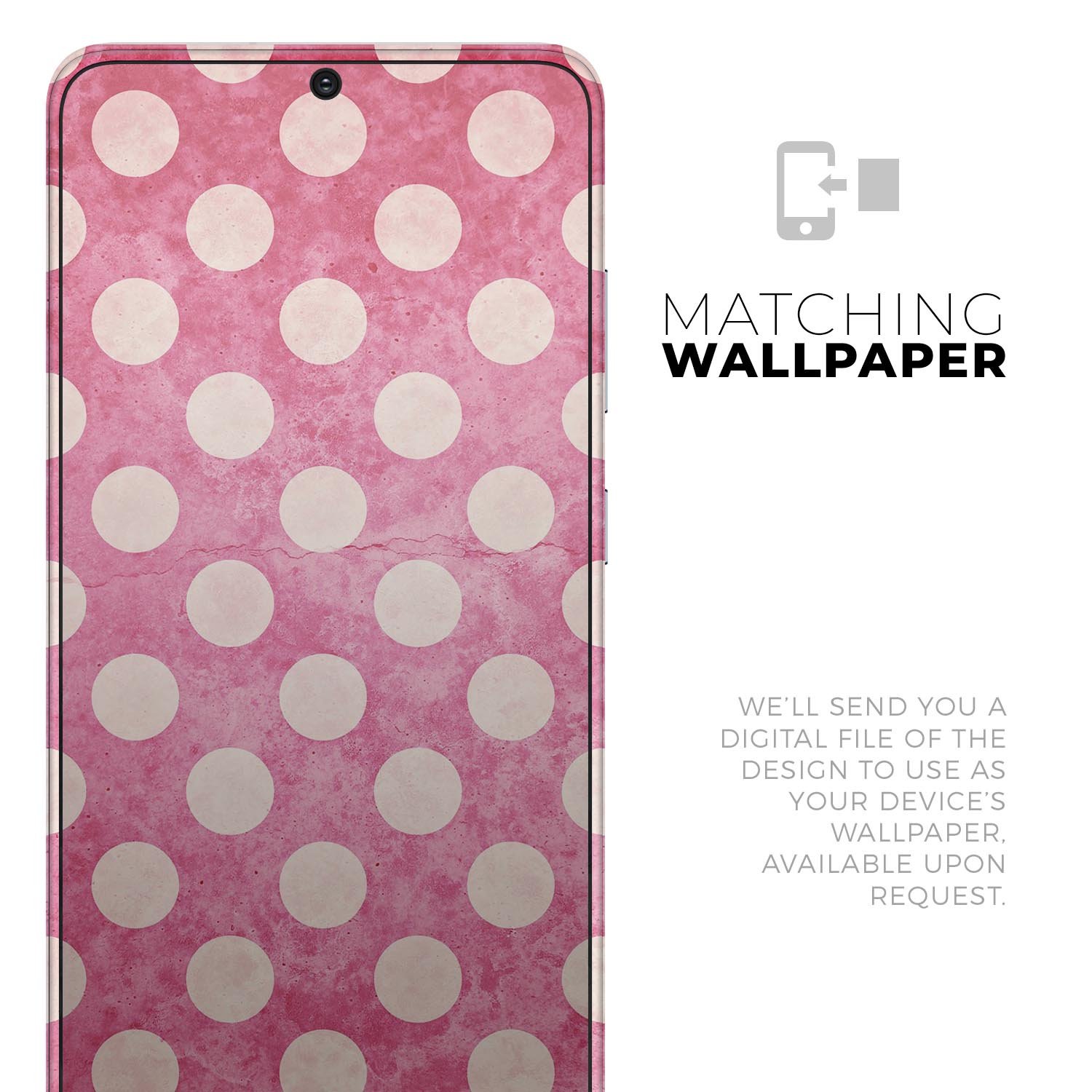 White polka dots design on a grungy pink background for Samsung Galaxy skin, showcasing a stylish and protective accessory.