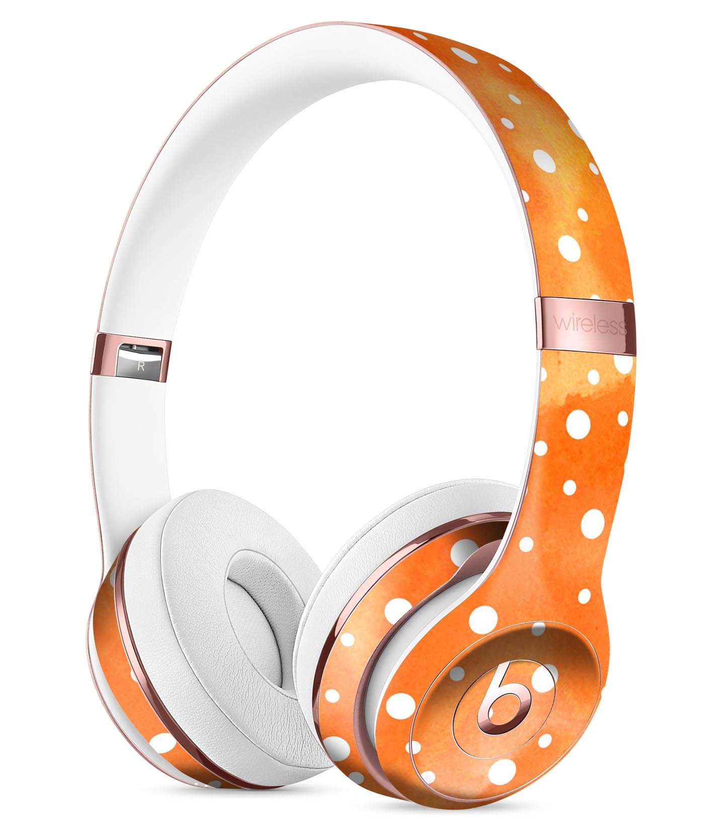 White polka dots over orange watercolor grunge skin kit for Beats by Dre Solo 3 Wireless Headphones, showcasing vibrant colors and stylish design.