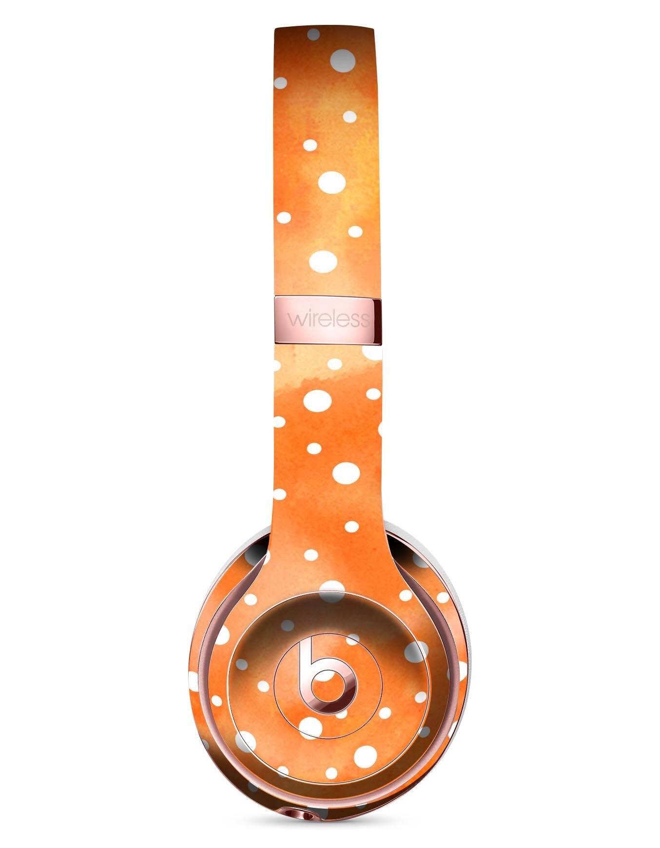 White polka dots over orange watercolor grunge skin kit for Beats by Dre Solo 3 Wireless Headphones, showcasing vibrant colors and stylish design.