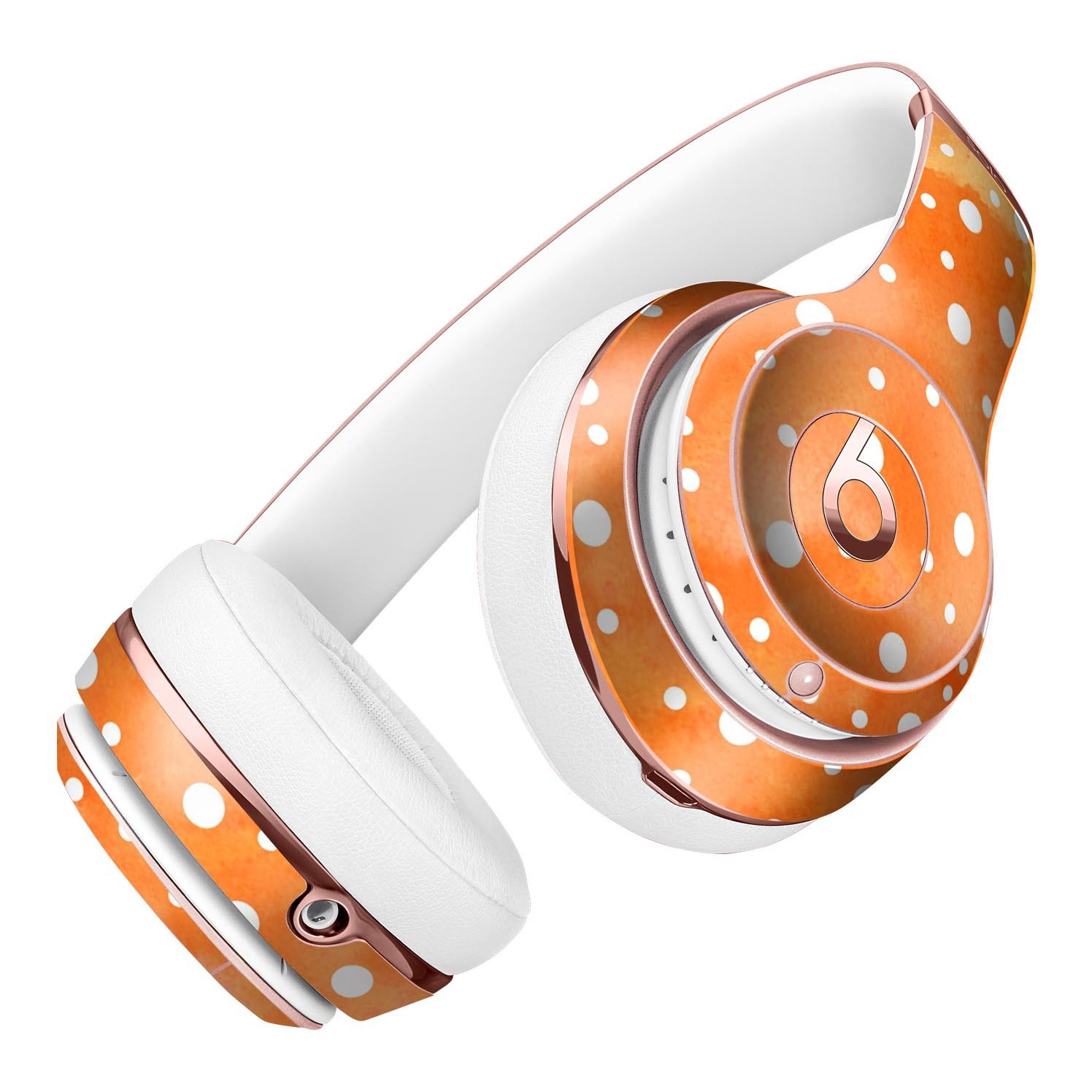 White polka dots over orange watercolor grunge skin kit for Beats by Dre Solo 3 Wireless Headphones, showcasing vibrant colors and stylish design.