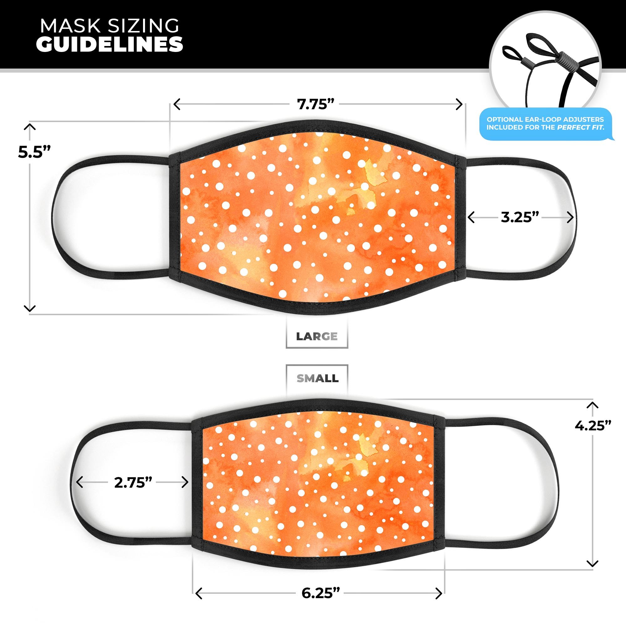 A vibrant face mask featuring white polka dots over an orange watercolor grunge background, showcasing a stylish and unique design.