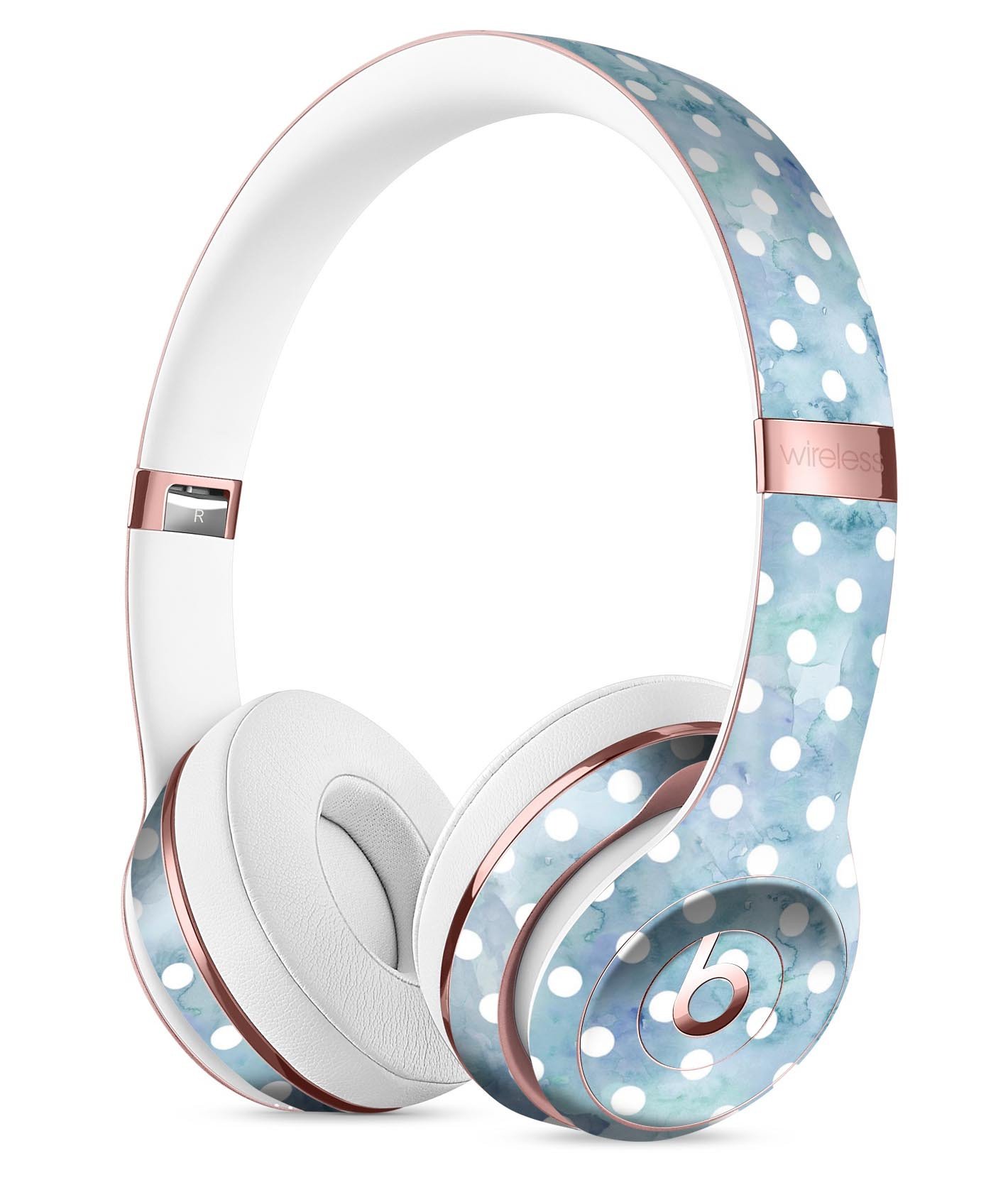 White Polka Dots over Pale Blue Watercolor Skin Kit for Beats by Dre Solo 3 Wireless Headphones, showcasing a stylish design.