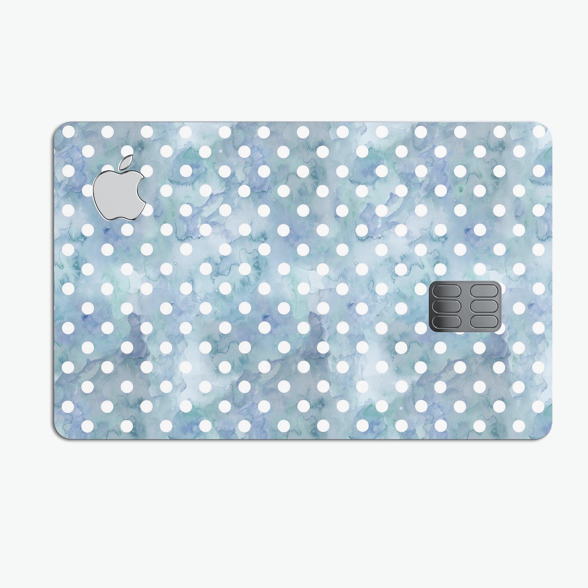 White Polka Dots over Pale Blue Watercolor decal on an Apple Card, showcasing its stylish design and premium quality.
