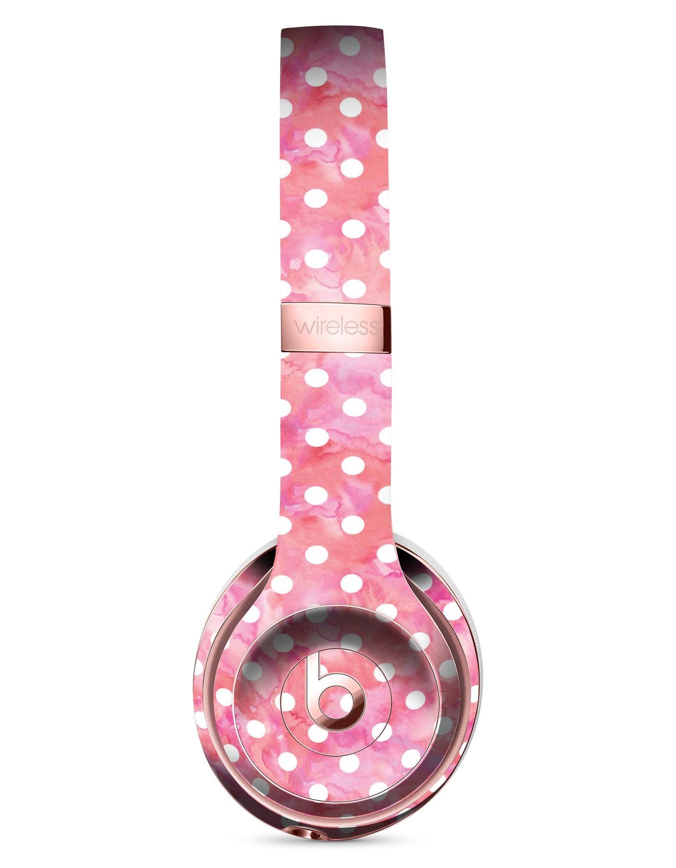 White Polka Dots over Pink Watercolor Skin Kit for Beats by Dre Solo 3 Wireless Headphones, showcasing vibrant colors and stylish design.