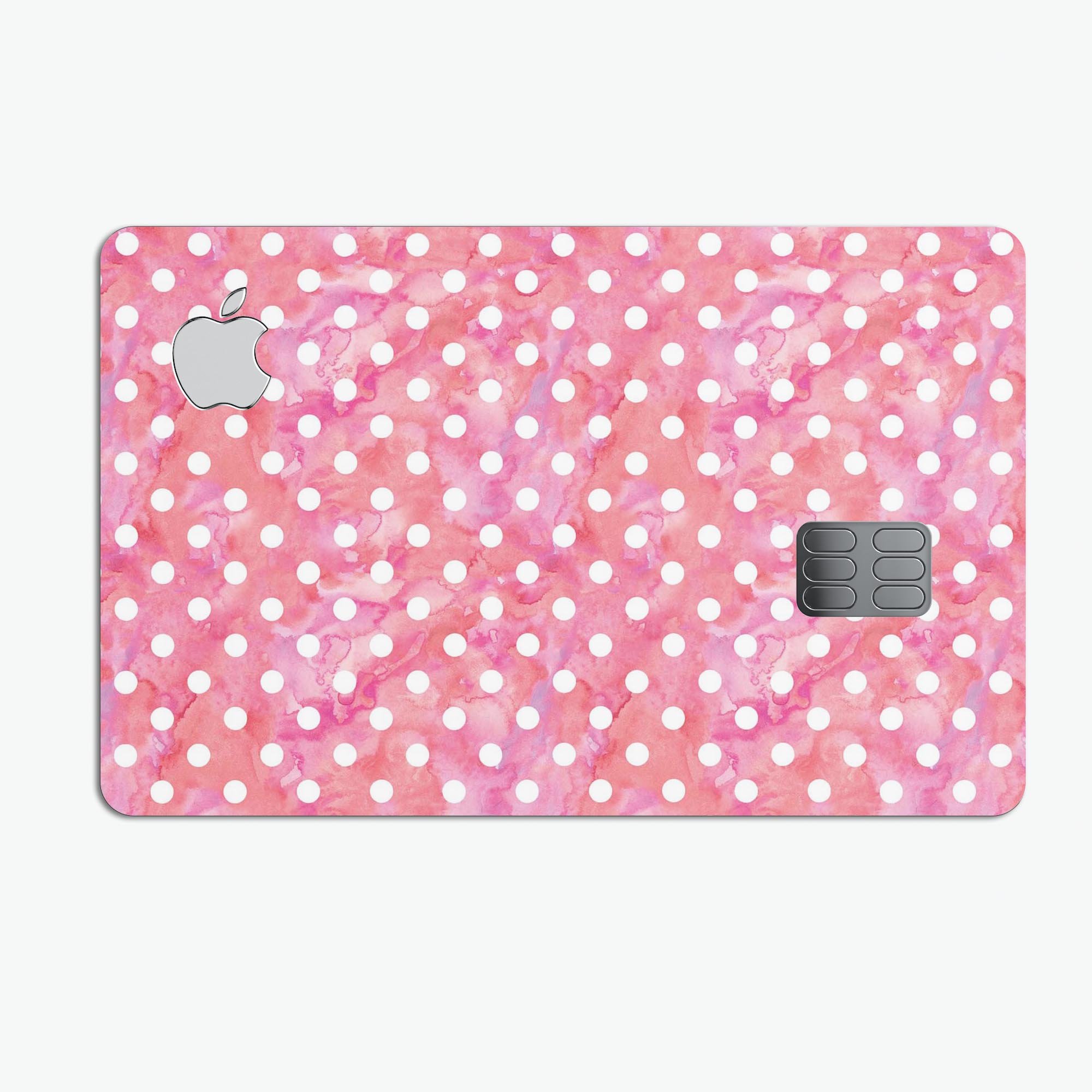 White polka dots on a pink watercolor background, showcasing a premium protective decal for the Apple Card.