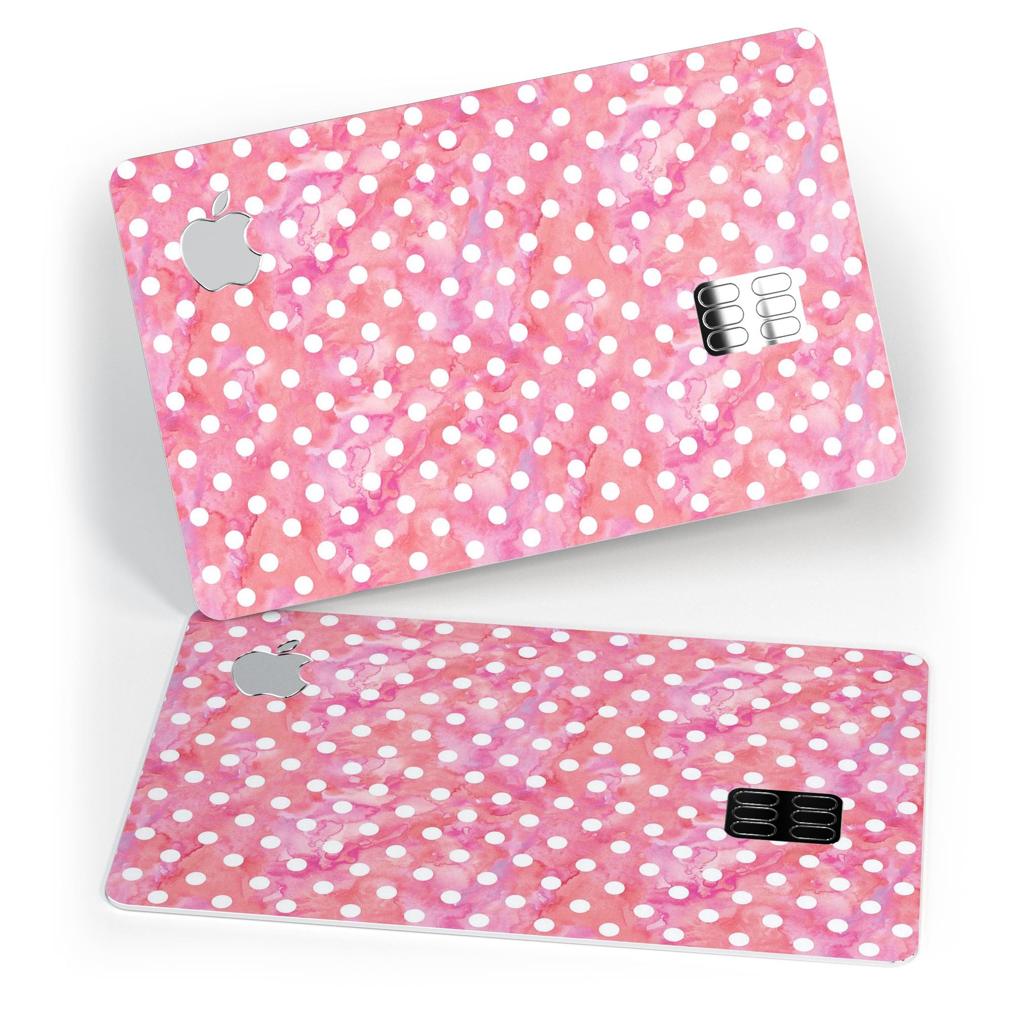 White polka dots on a pink watercolor background, showcasing a premium protective decal for the Apple Card.