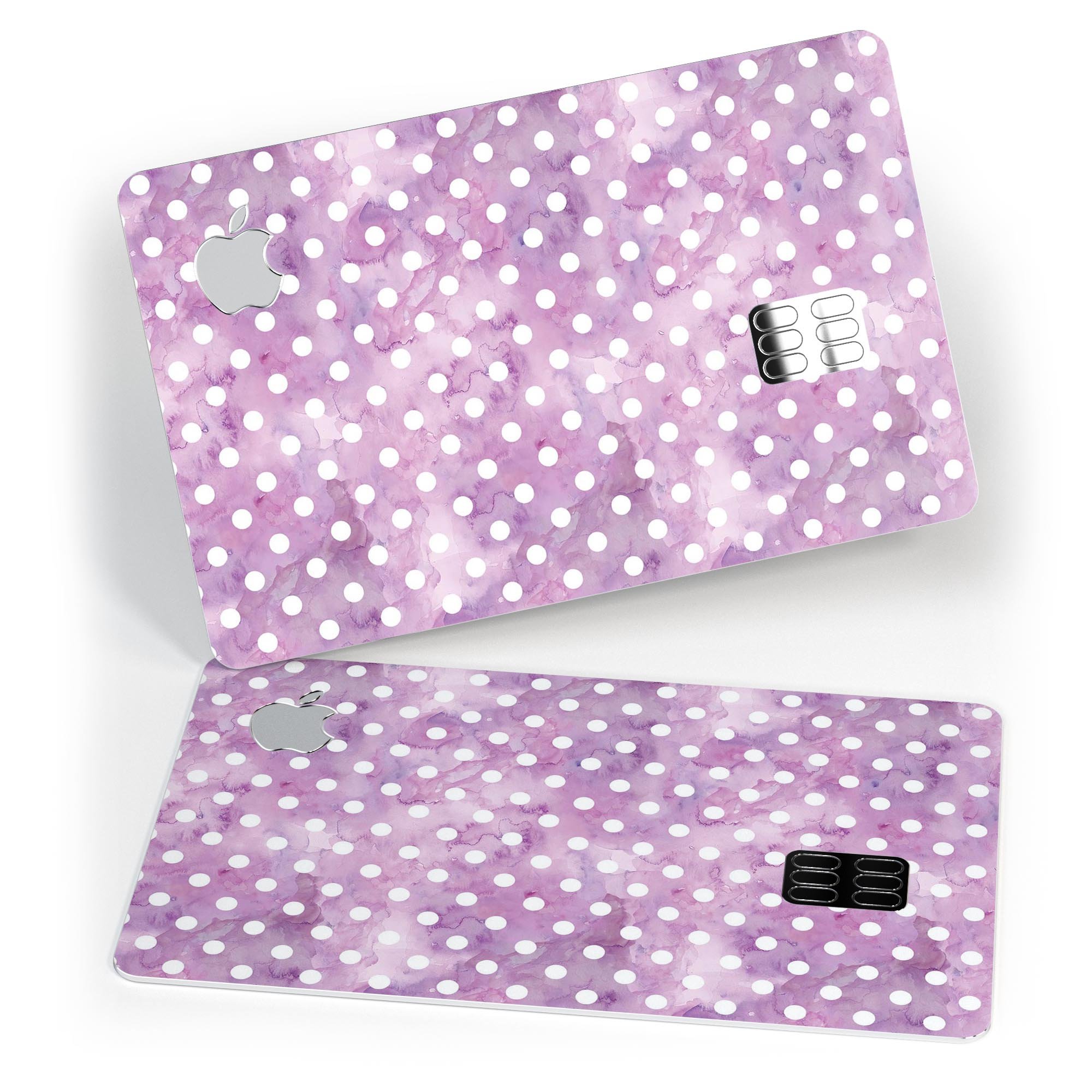 White Polka Dots over Purple Watercolor Premium Protective Decal for Apple Card, showcasing a vibrant design and high-quality finish.