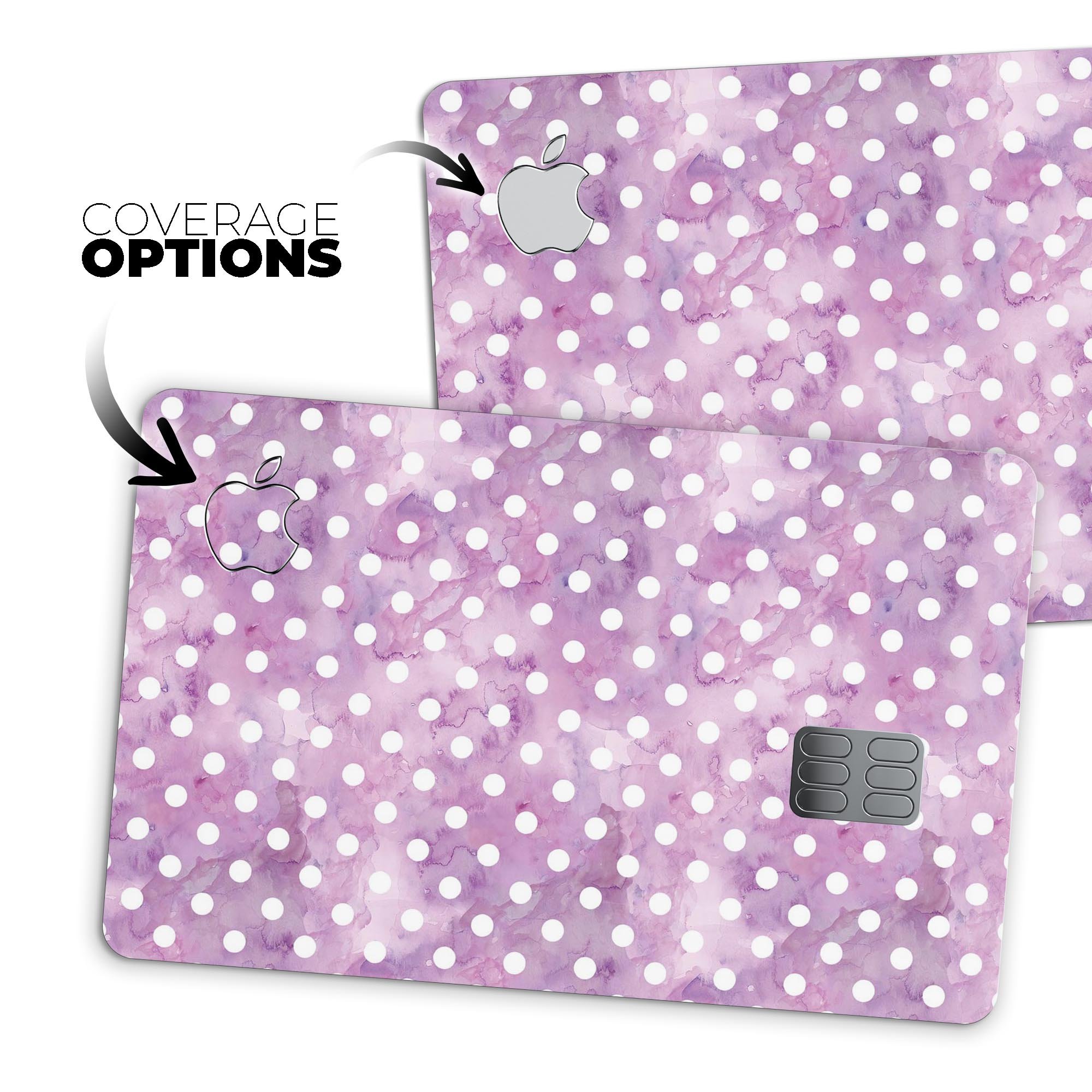White Polka Dots over Purple Watercolor Premium Protective Decal for Apple Card, showcasing a vibrant design and high-quality finish.