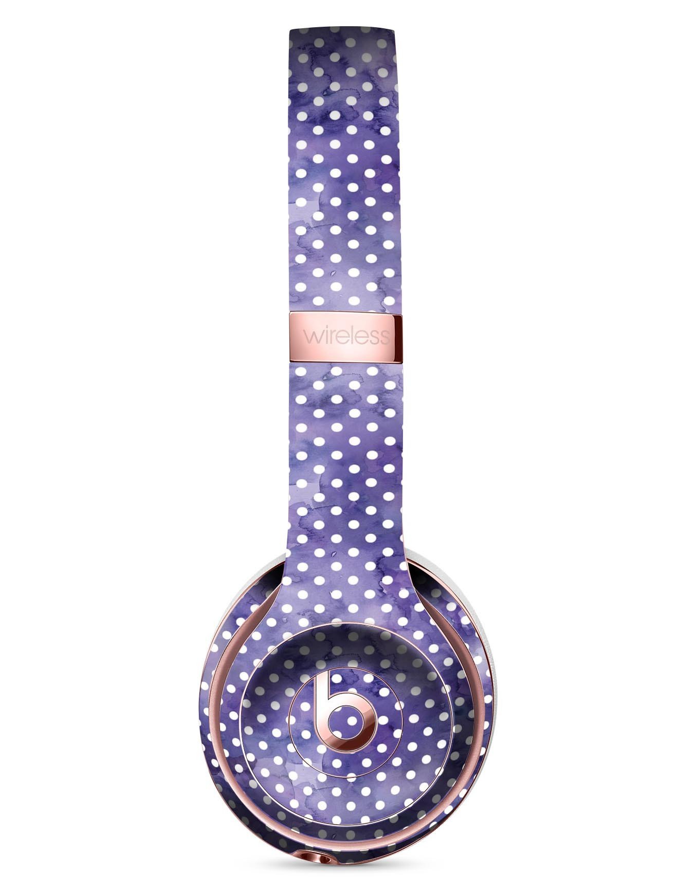 White Polka Dots over Purple Watercolor Skin Kit for Beats by Dre Solo 3 Wireless Headphones, showcasing vibrant colors and stylish design.