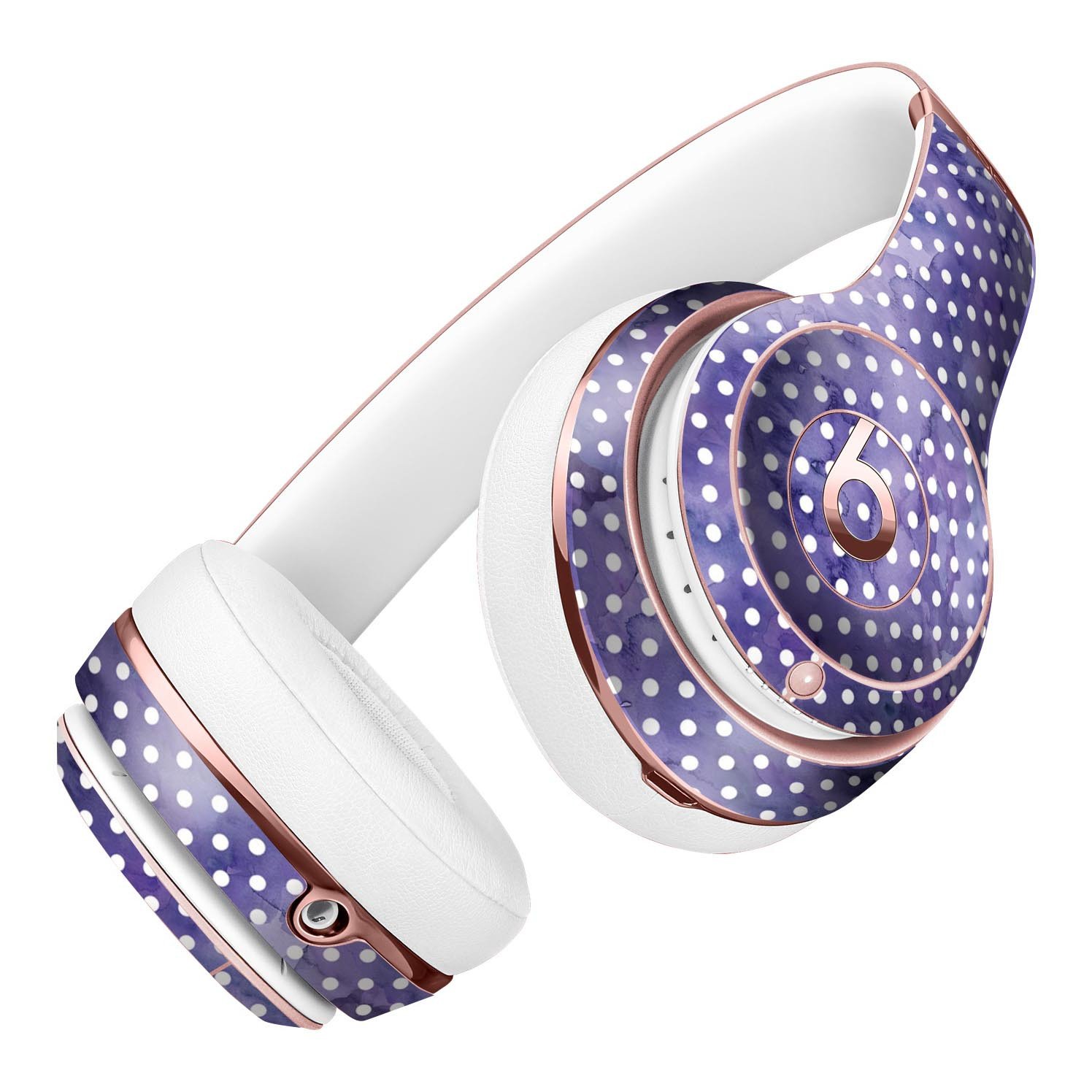 White Polka Dots over Purple Watercolor Skin Kit for Beats by Dre Solo 3 Wireless Headphones, showcasing vibrant colors and stylish design.