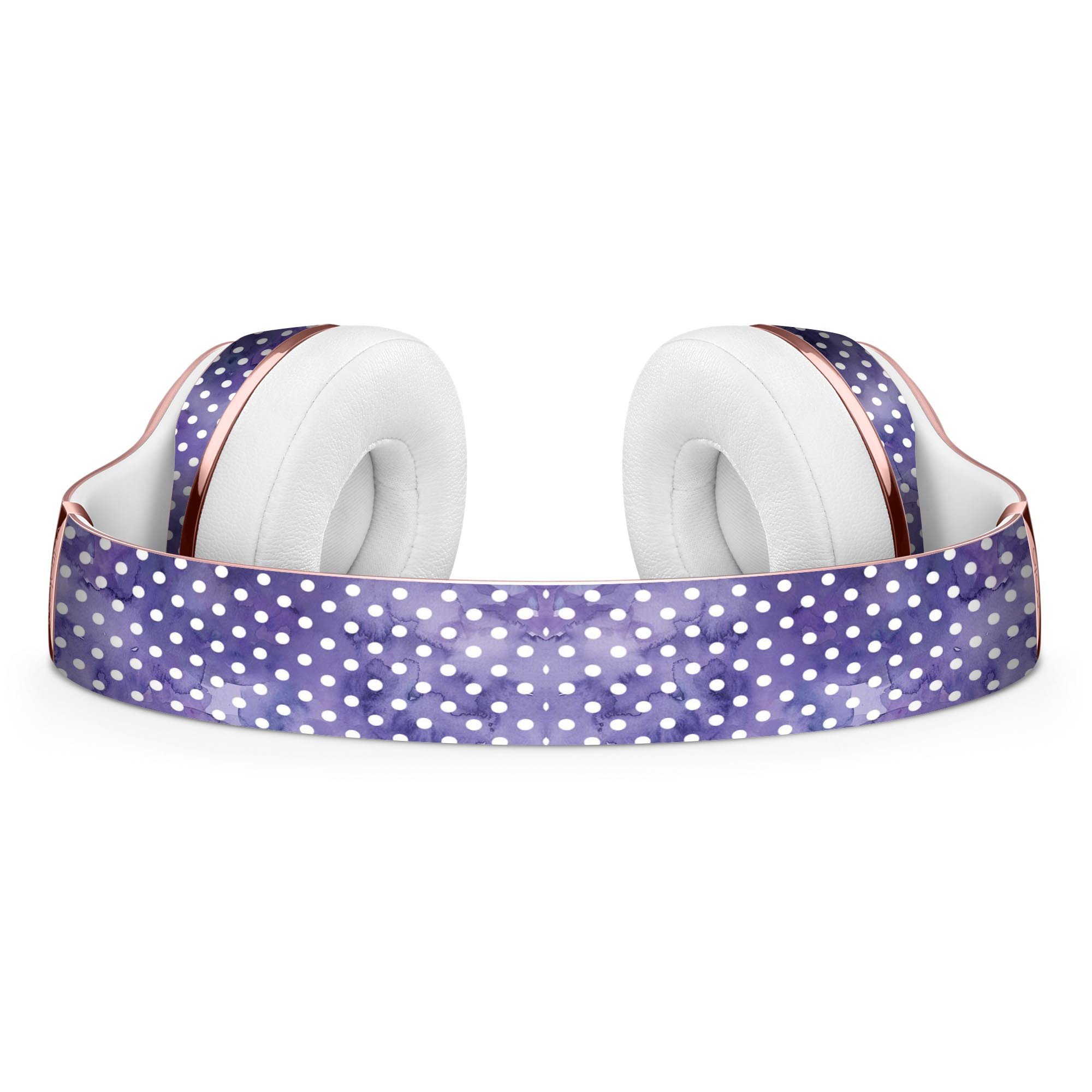 White Polka Dots over Purple Watercolor Skin Kit for Beats by Dre Solo 3 Wireless Headphones, showcasing vibrant colors and stylish design.