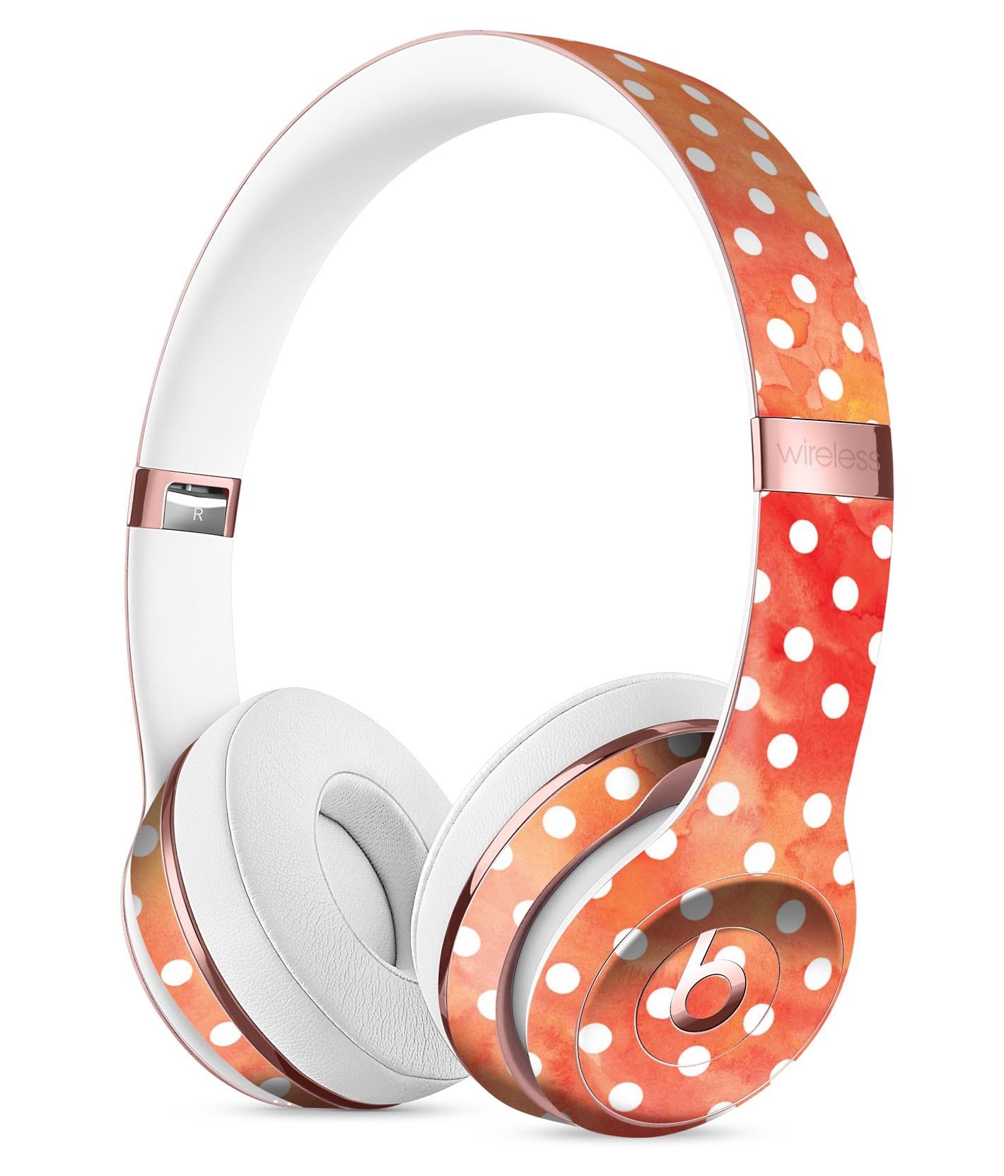 White Polka Dots over Red-Orange Watercolor Skin Kit for Beats by Dre Solo 3 Wireless Headphones, showcasing vibrant colors and stylish design.