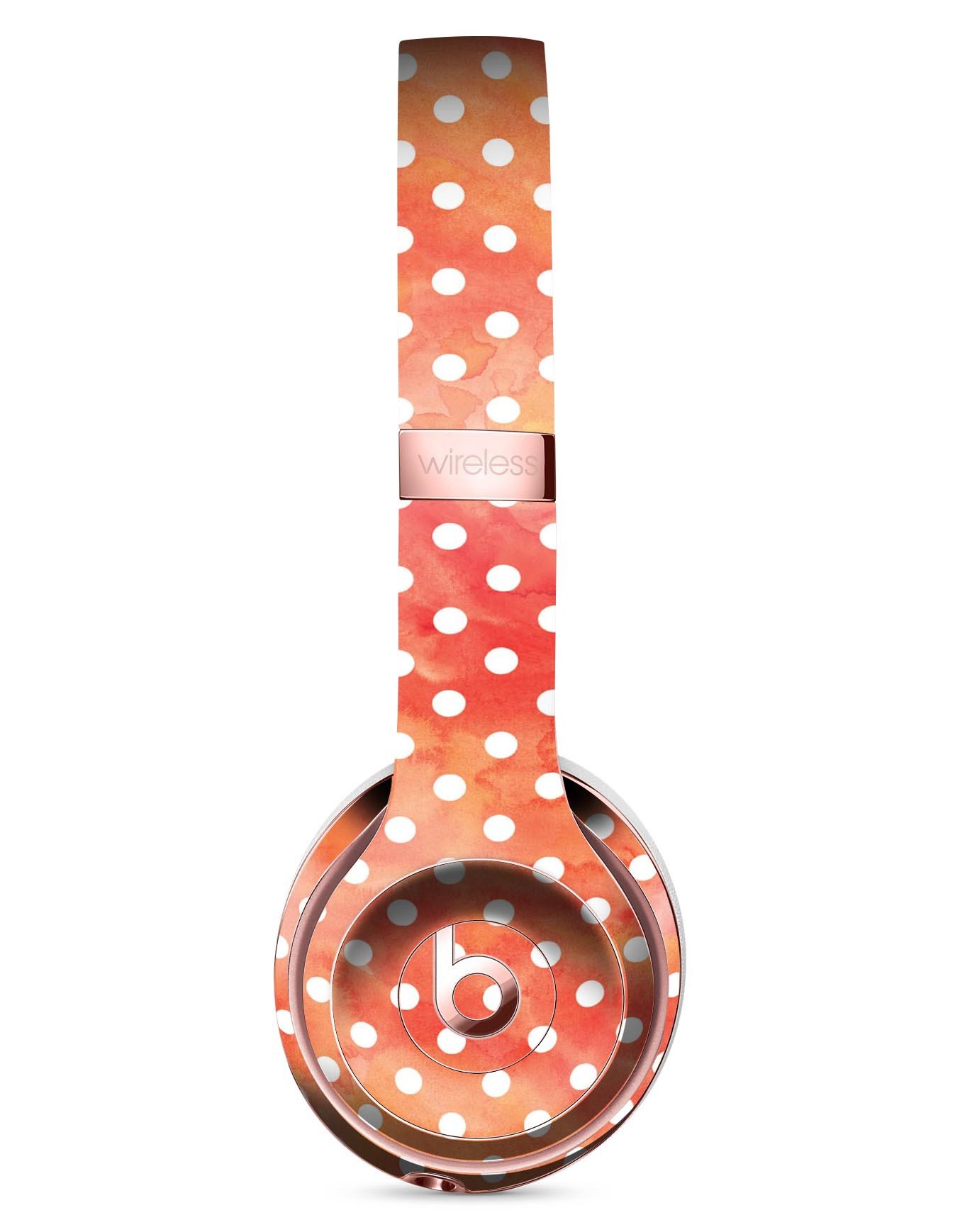 White Polka Dots over Red-Orange Watercolor Skin Kit for Beats by Dre Solo 3 Wireless Headphones, showcasing vibrant colors and stylish design.