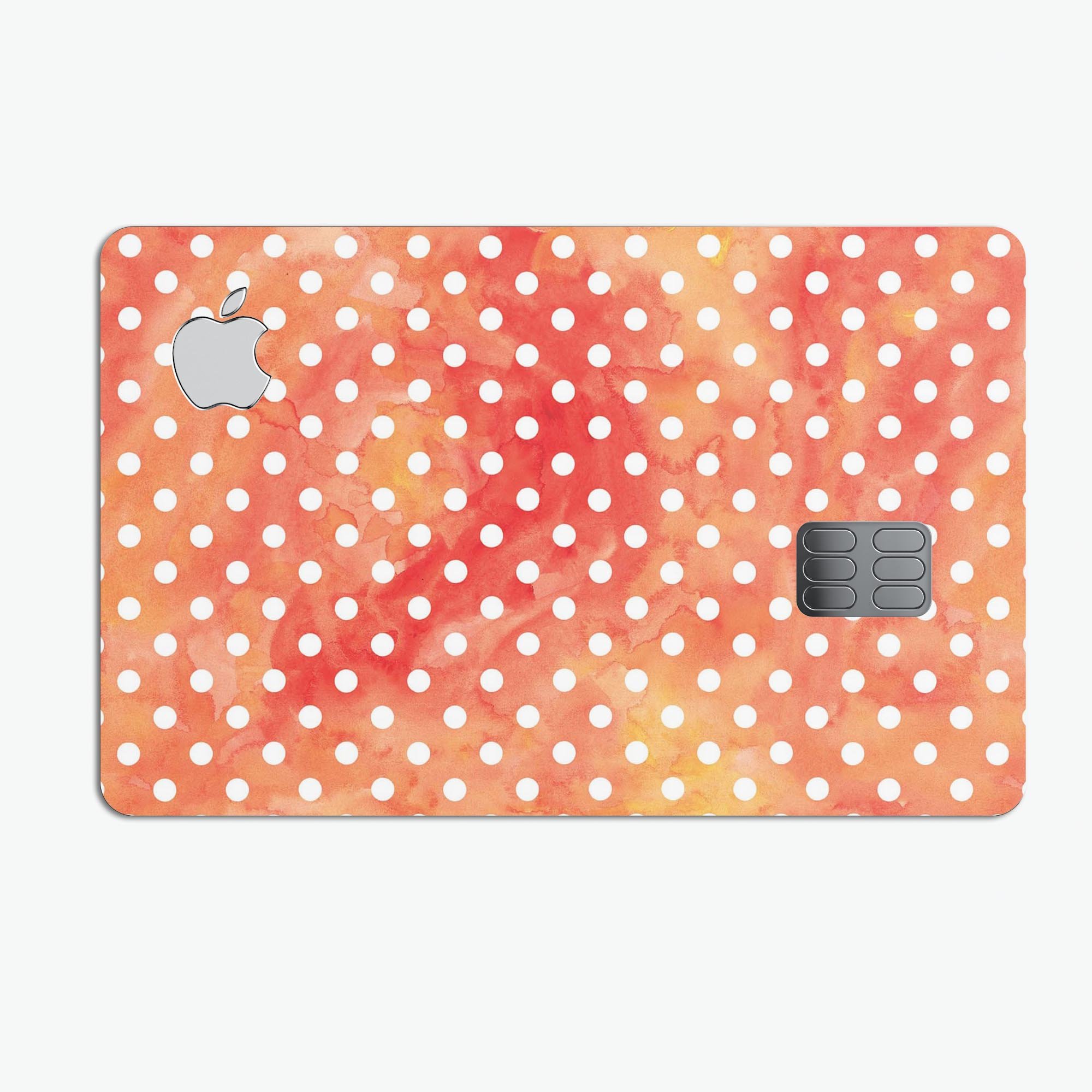 White polka dots on a vibrant red-orange watercolor background, designed as a protective decal for the Apple Card.