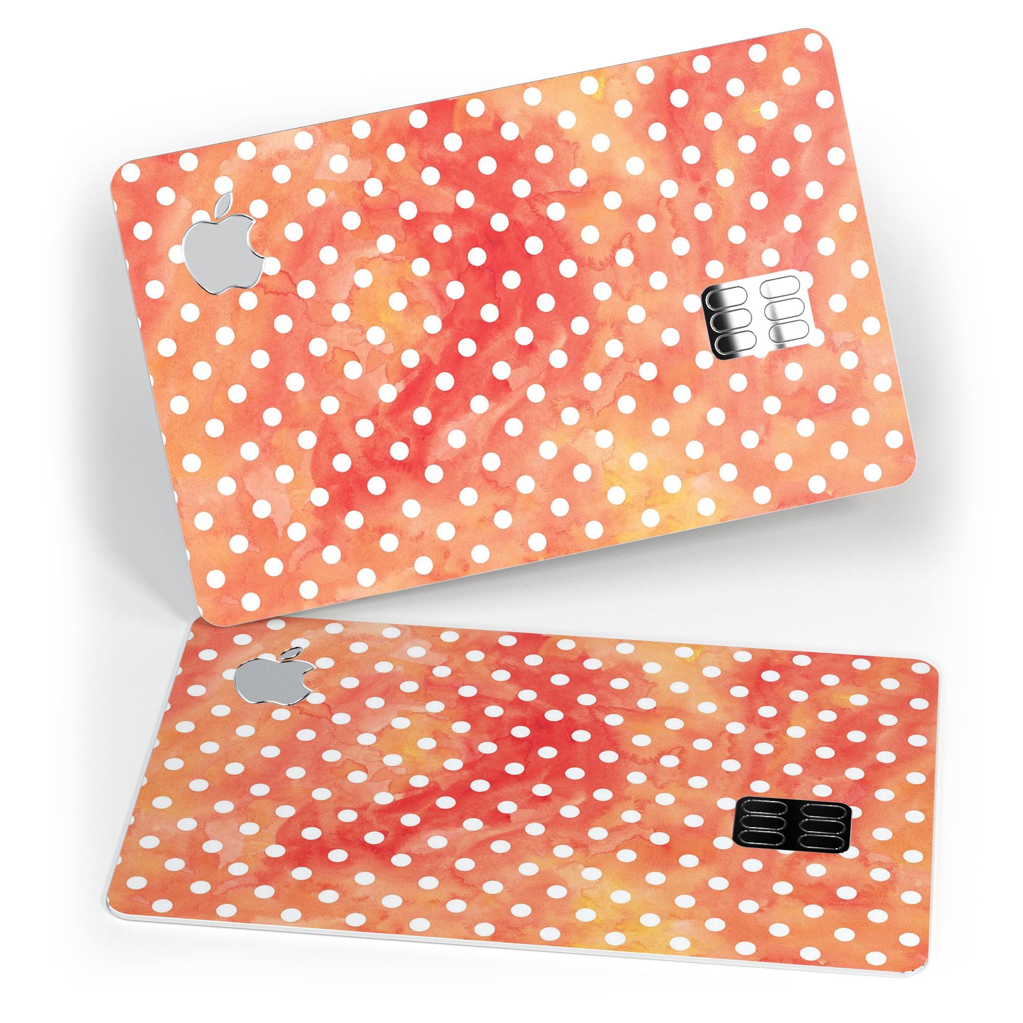 White polka dots on a vibrant red-orange watercolor background, designed as a protective decal for the Apple Card.