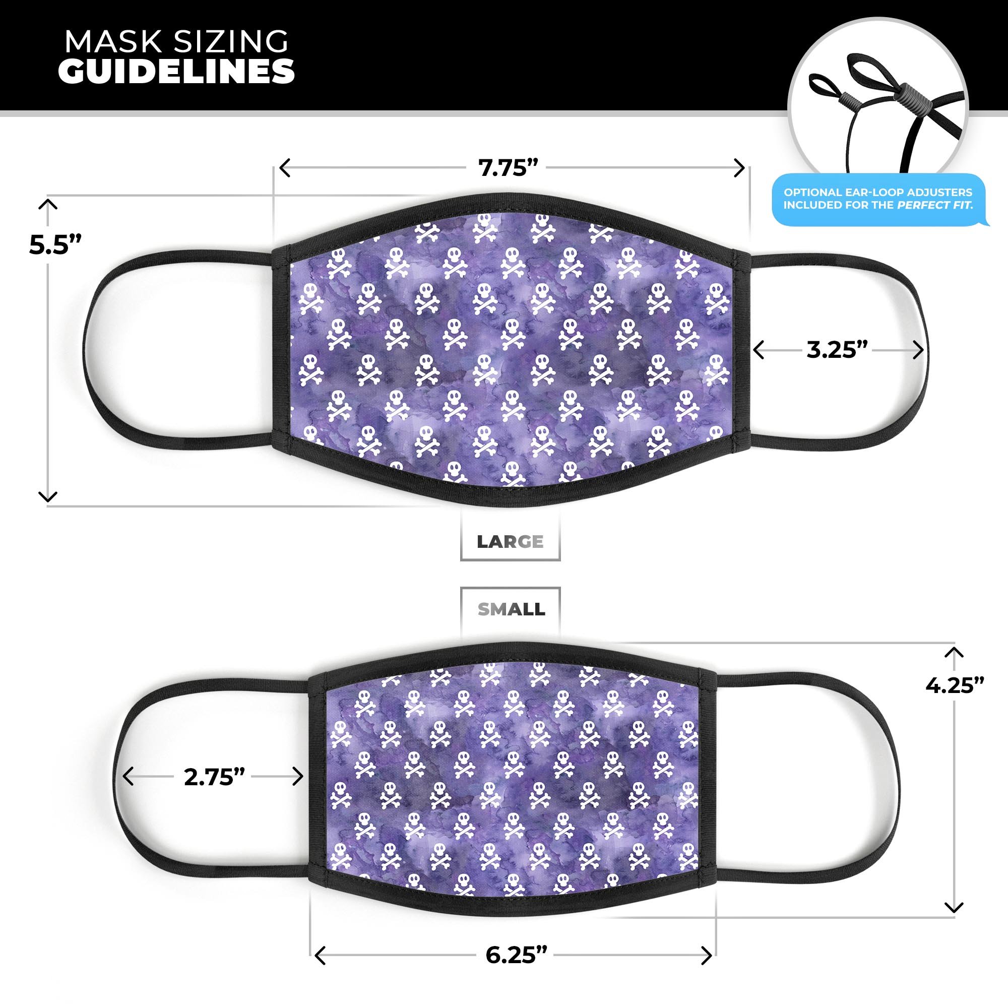 A stylish unisex mouth cover featuring white skulls on a vibrant purple watercolor background, made in the USA.