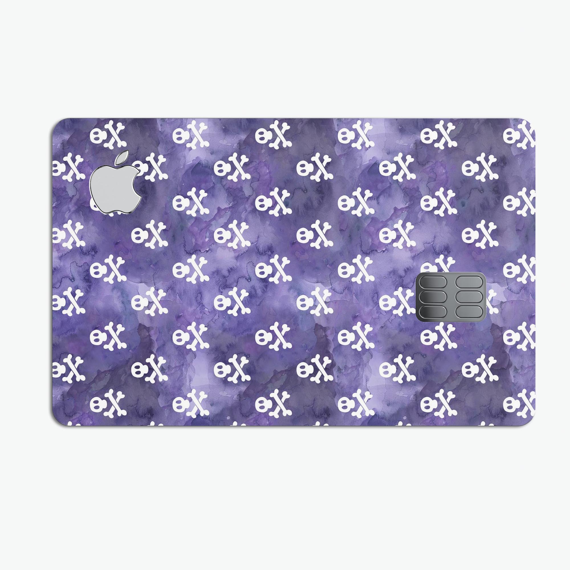 White Skulls on Purple Watercolor decal skin for Apple Card, showcasing a vibrant design with skulls on a watercolor background.