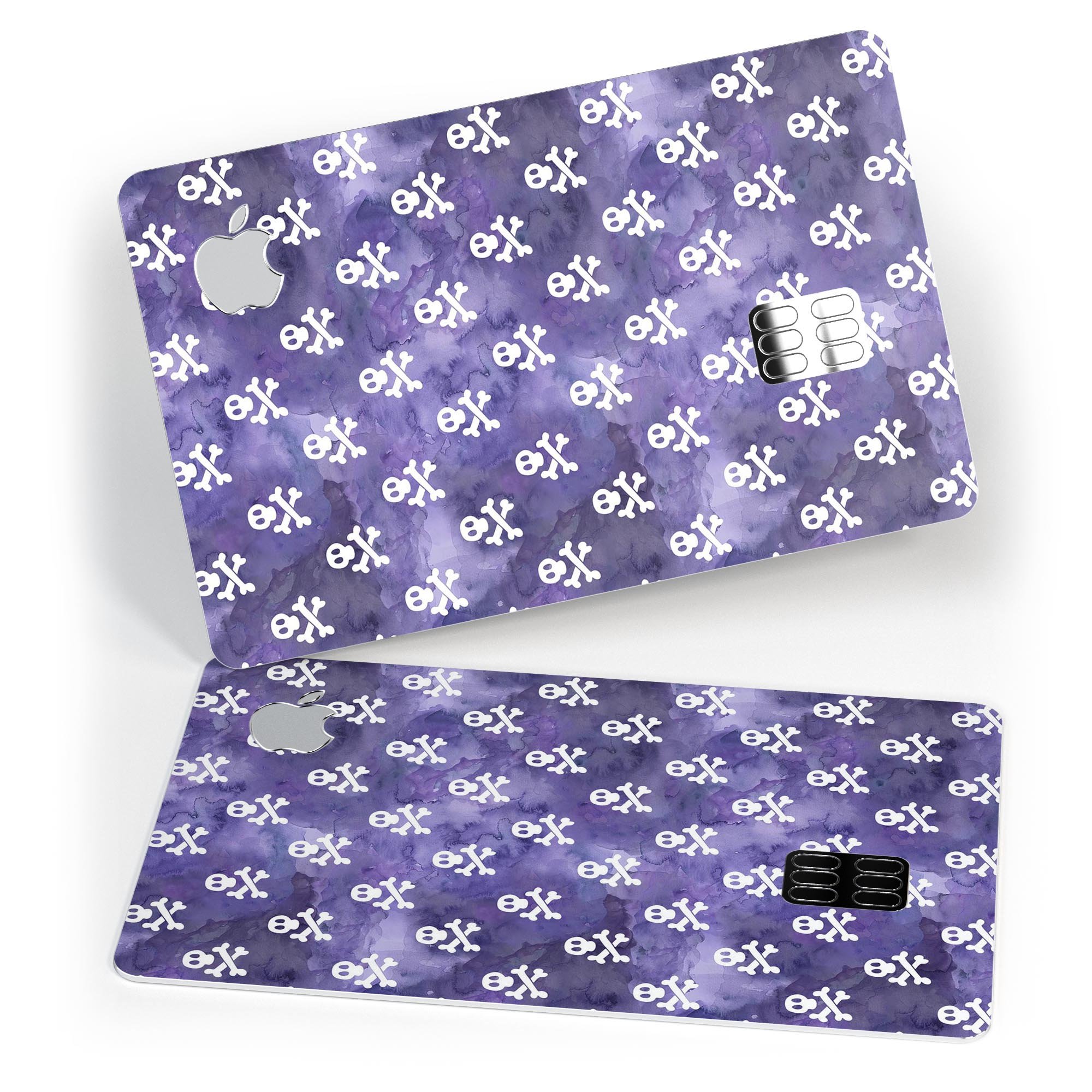 White Skulls on Purple Watercolor decal skin for Apple Card, showcasing a vibrant design with skulls on a watercolor background.