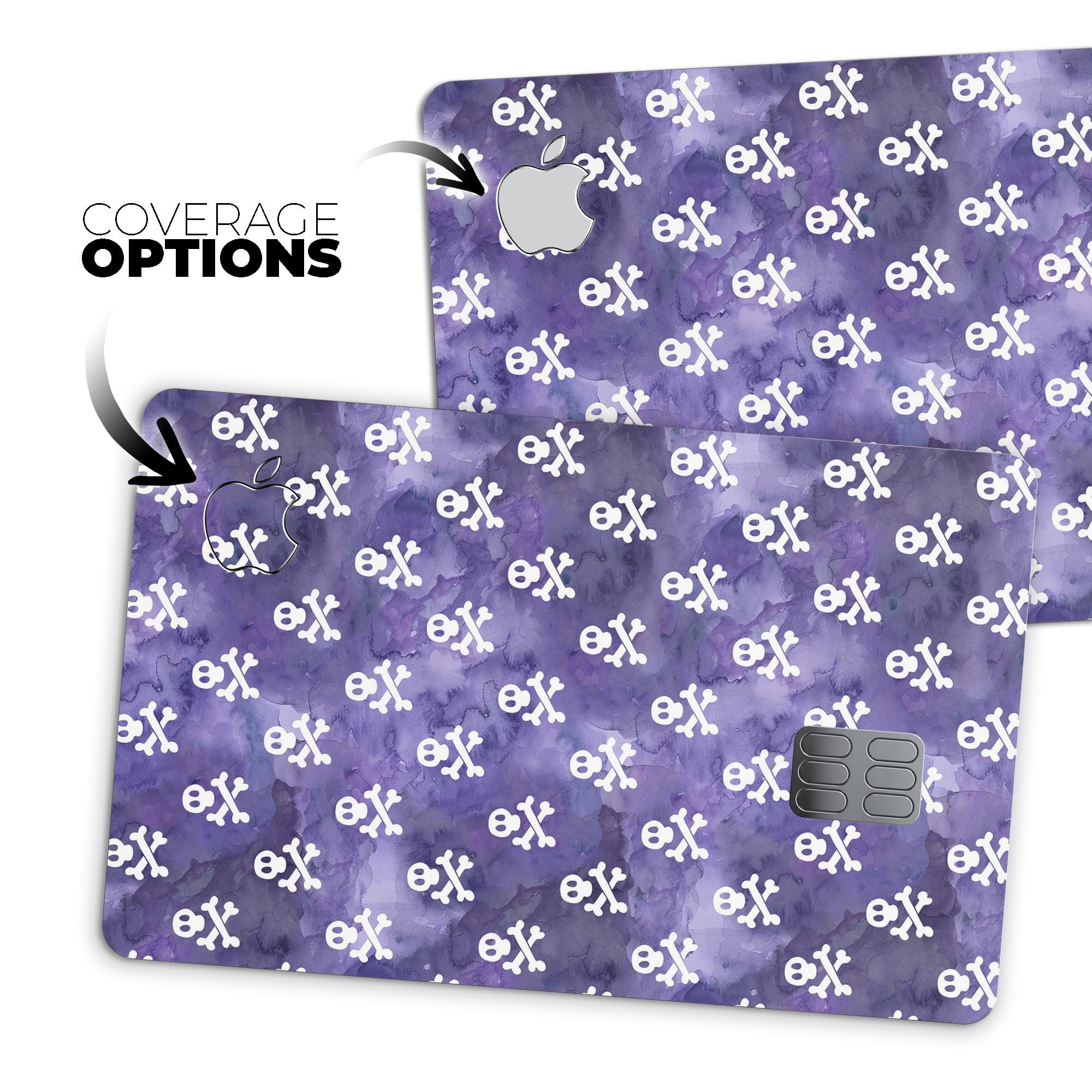 White Skulls on Purple Watercolor decal skin for Apple Card, showcasing a vibrant design with skulls on a watercolor background.