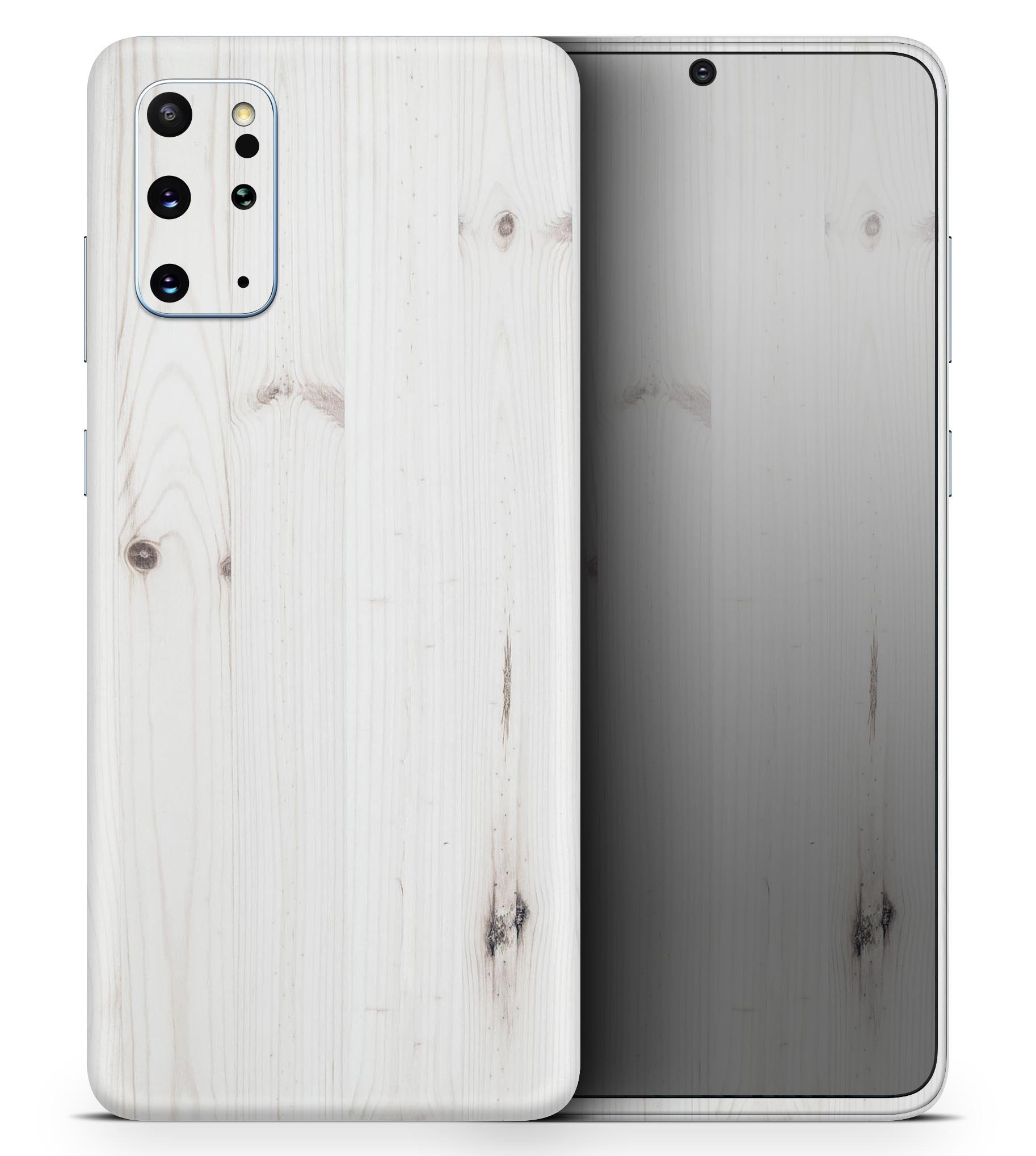 White Vertical Wood Planks Skin-Kit for Samsung Galaxy S-Series, showcasing a stylish wood design on a smartphone.