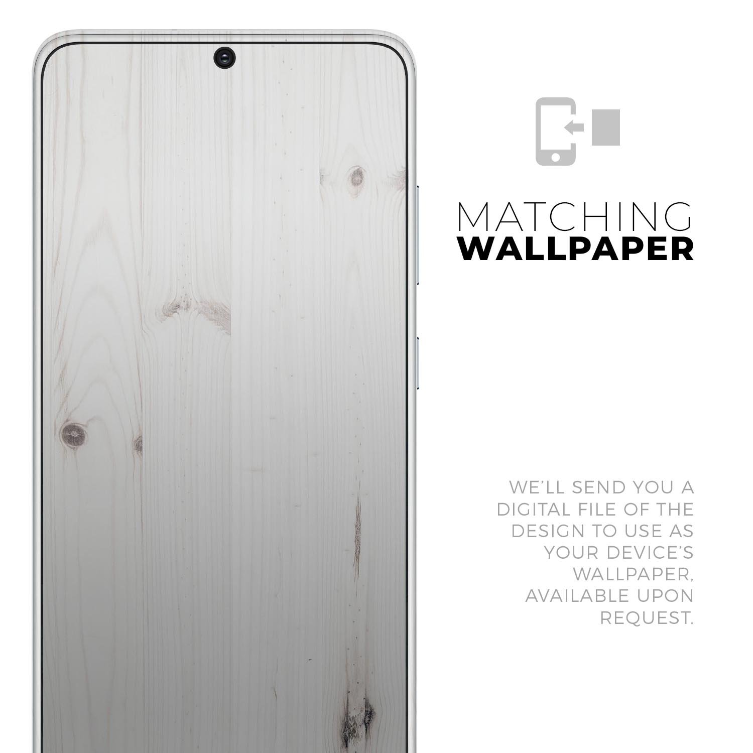 White Vertical Wood Planks Skin-Kit for Samsung Galaxy S-Series, showcasing a stylish wood design on a smartphone.