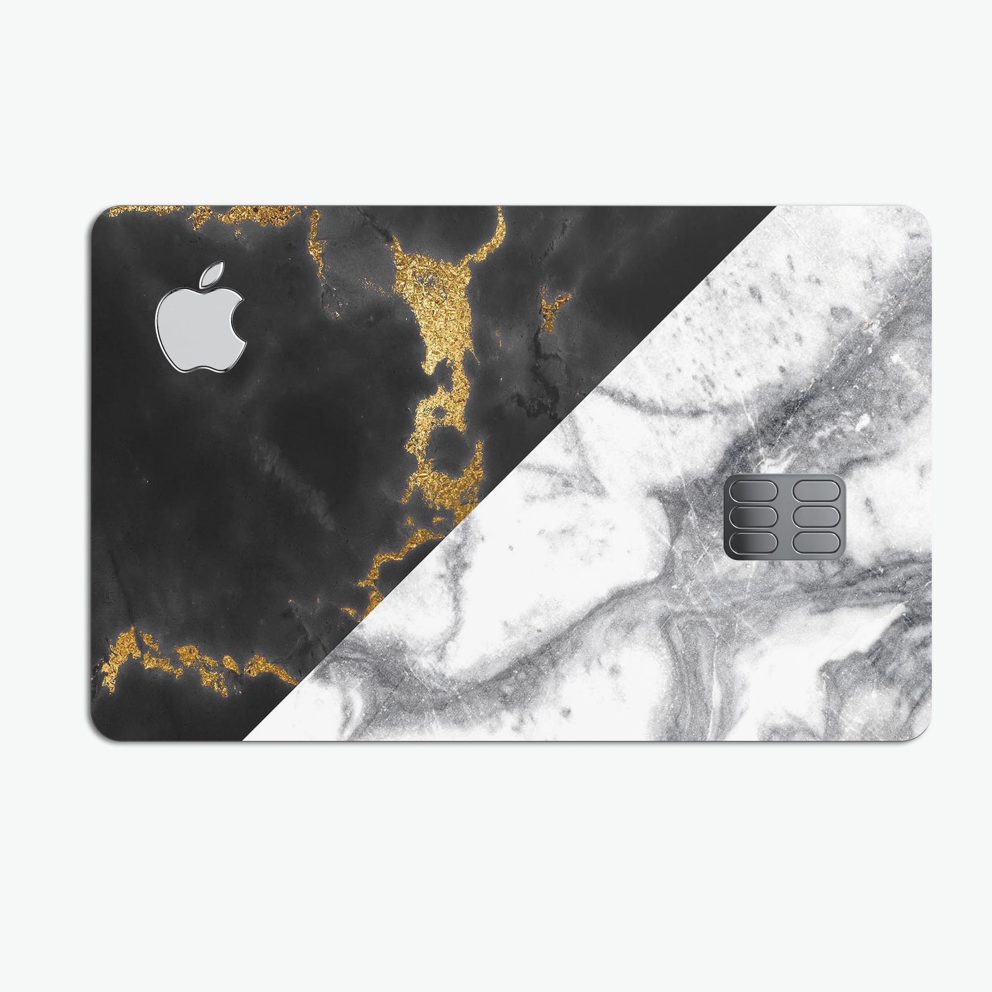 White-Black Marble & Digital Gold Foil V1 decal for Apple Card, showcasing premium design and protective features.