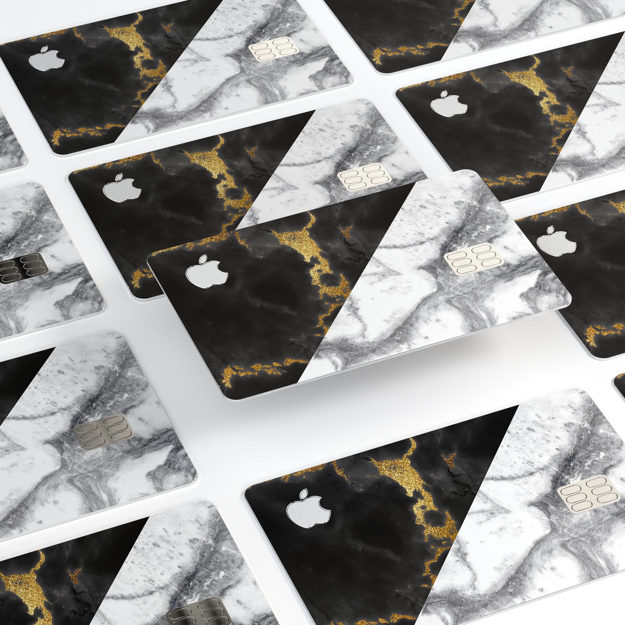 White-Black Marble & Digital Gold Foil V1 decal for Apple Card, showcasing premium design and protective features.