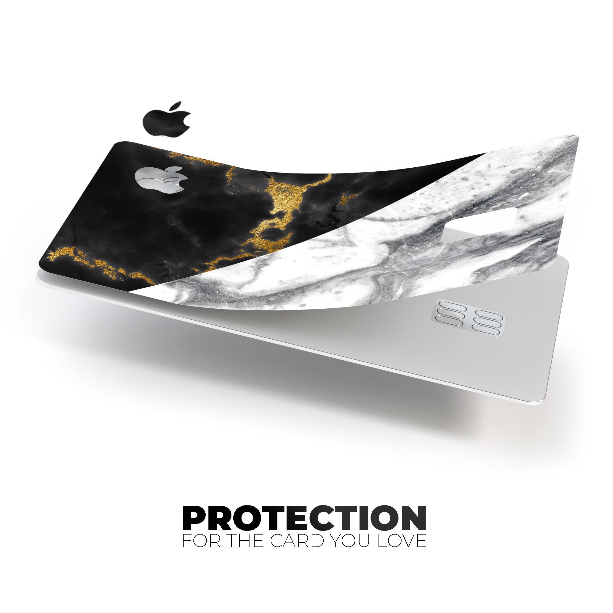 White-Black Marble & Digital Gold Foil V1 decal for Apple Card, showcasing premium design and protective features.