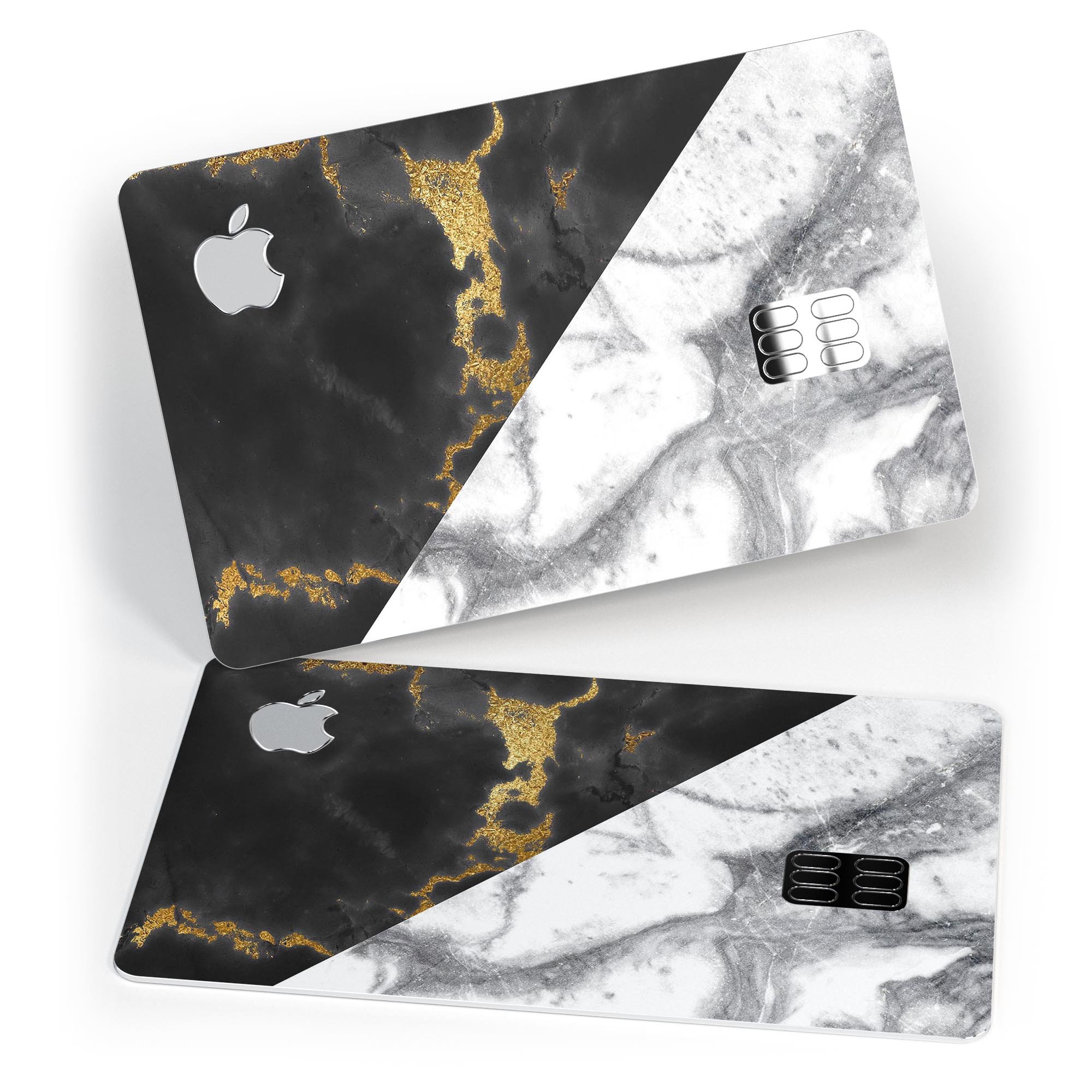 White-Black Marble & Digital Gold Foil V1 decal for Apple Card, showcasing premium design and protective features.