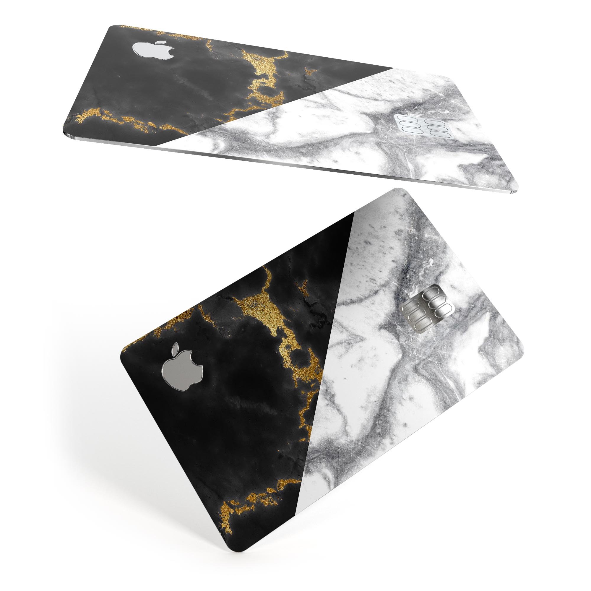 White-Black Marble & Digital Gold Foil V1 decal for Apple Card, showcasing premium design and protective features.