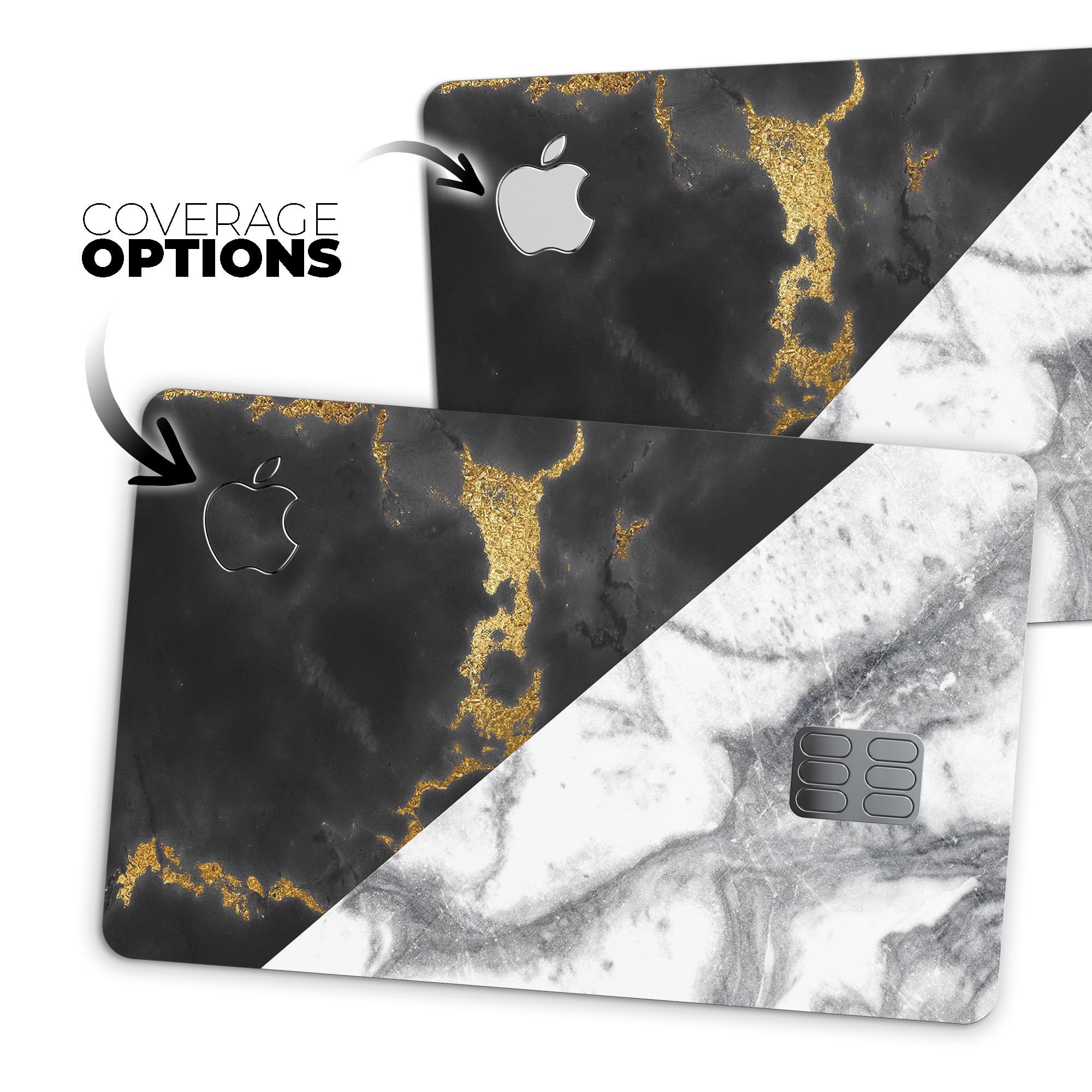 White-Black Marble & Digital Gold Foil V1 decal for Apple Card, showcasing premium design and protective features.