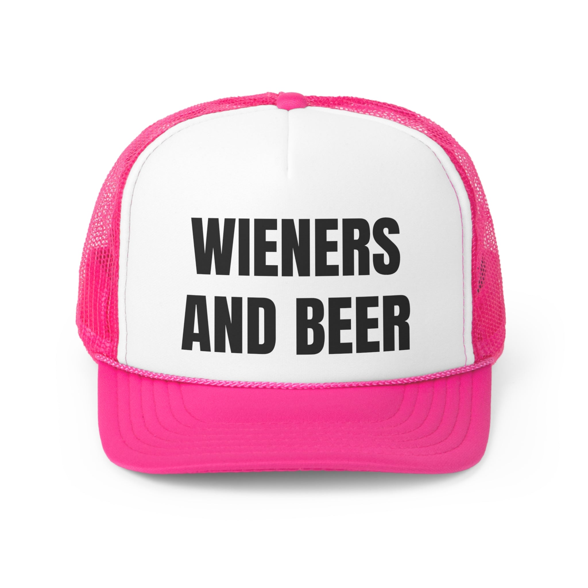 Wieners and Beer Funny Trucker Hat featuring a humorous design with adjustable snap closure and breathable mesh back.