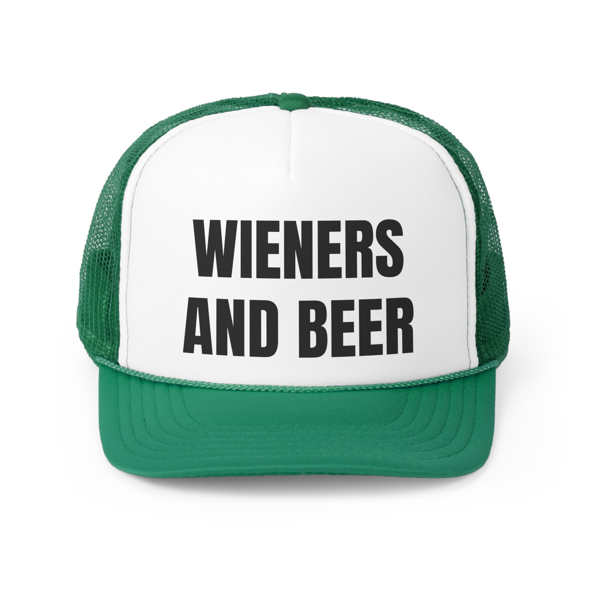 Wieners and Beer Funny Trucker Hat featuring a humorous design with adjustable snap closure and breathable mesh back.